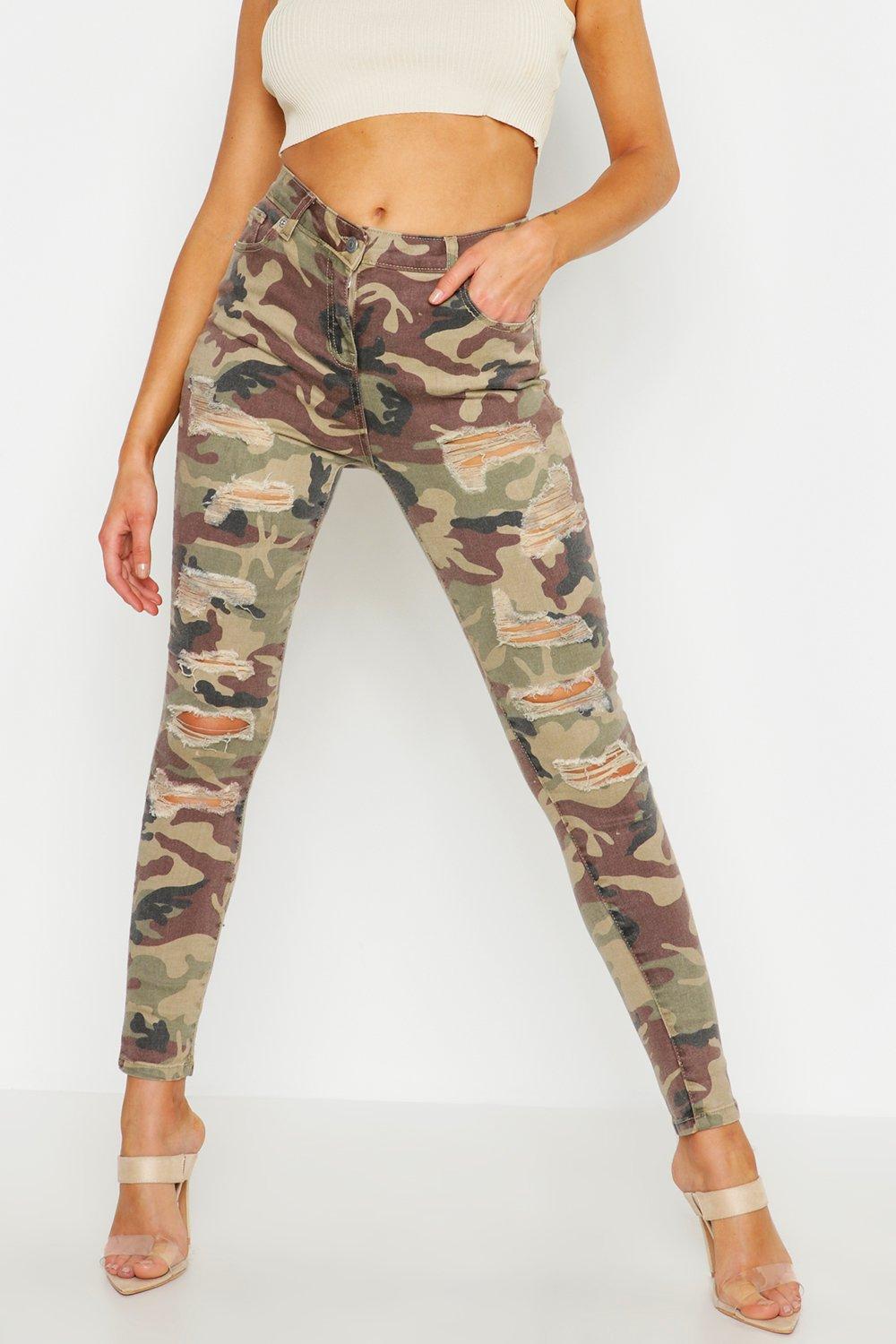 distressed camo skinny jeans