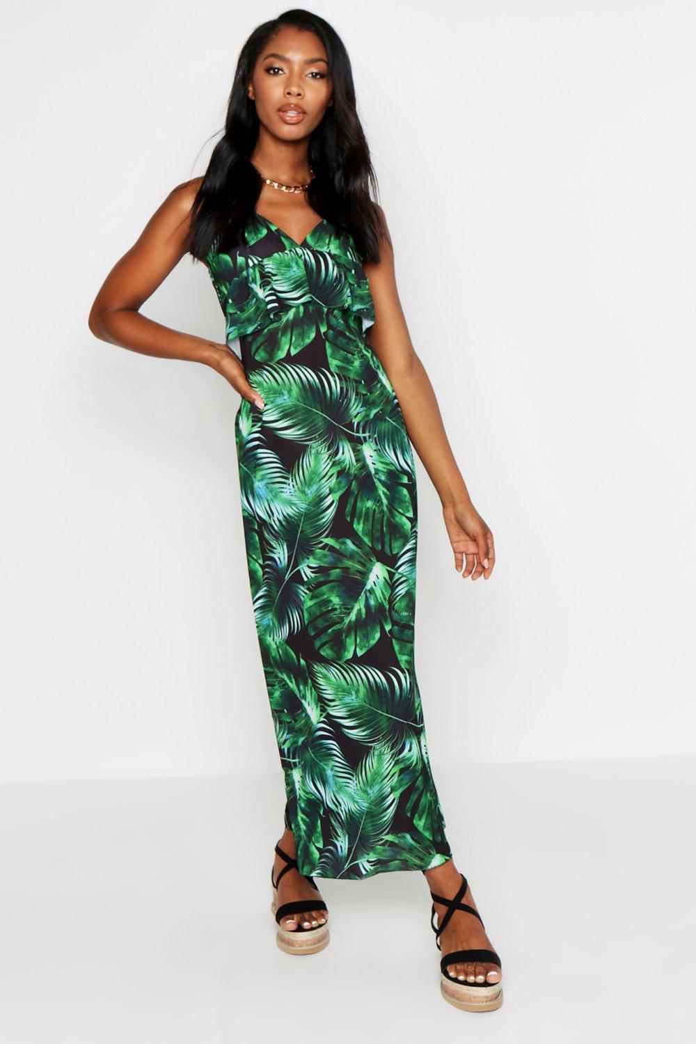 Women's Strappy Frill Detail Palm Print Maxi Dress | Boohoo UK