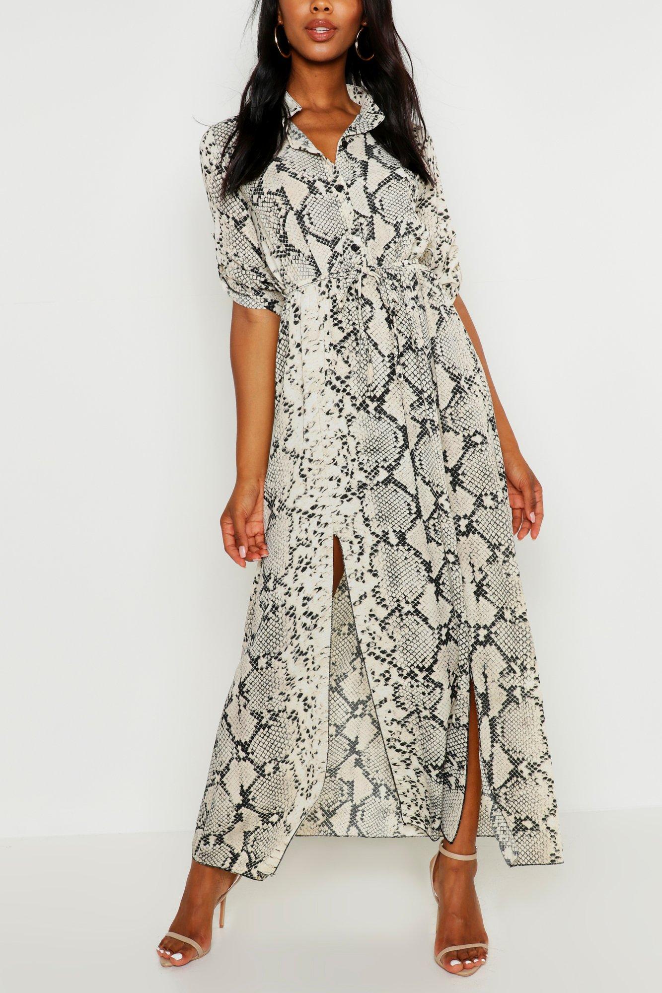 Snake Print Belted Maxi Shirt Dress