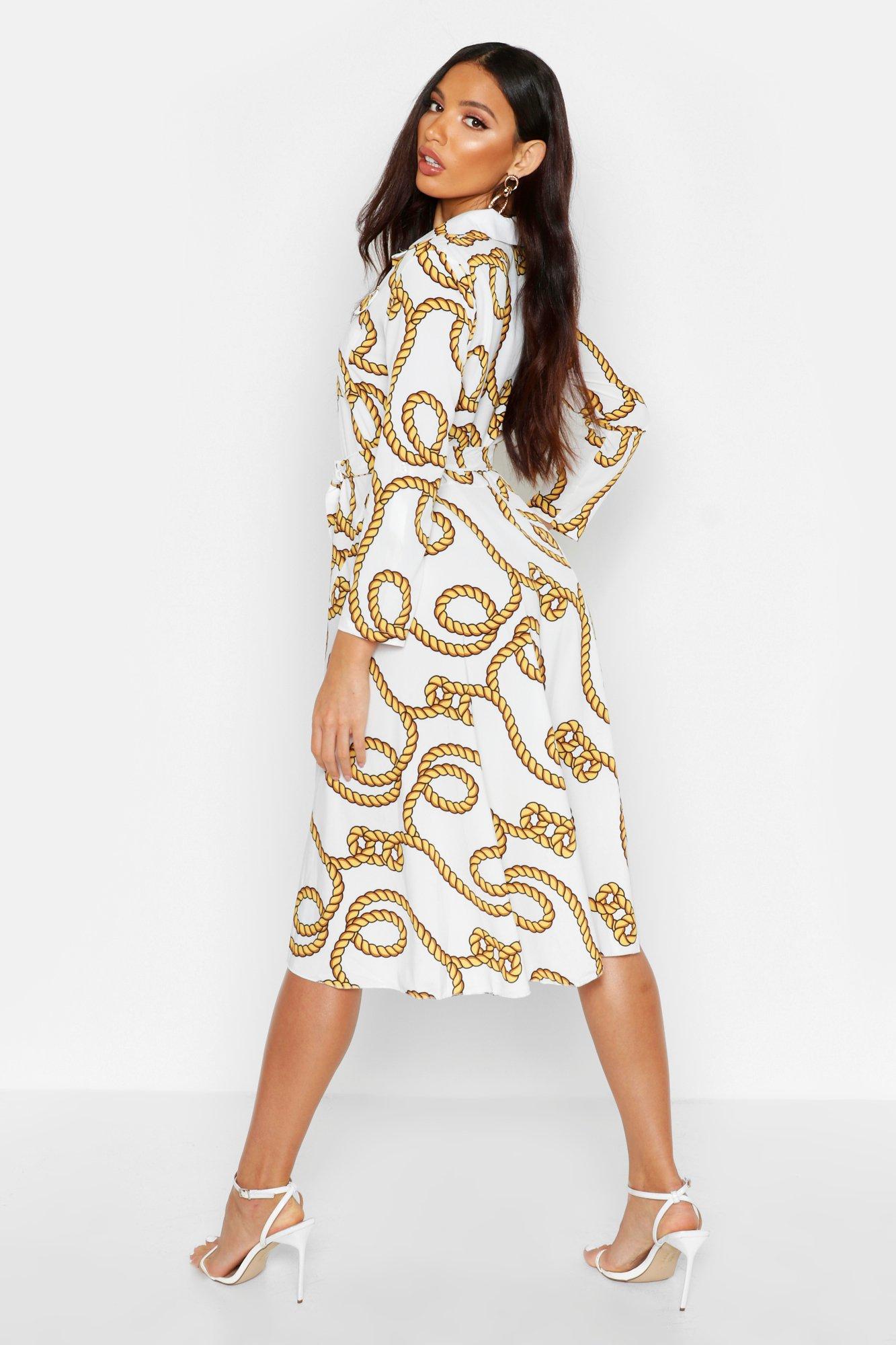 Black & Gold Chain Print Belted Shirt Dress
