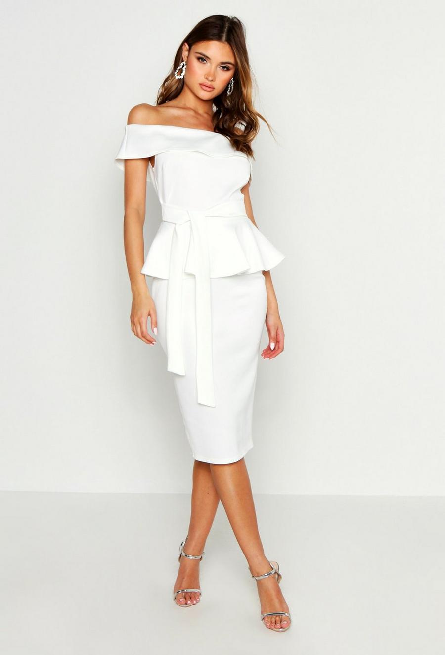 White Off The Shoulder Peplum Midi Dress image number 1