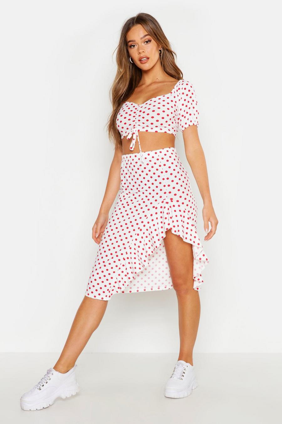 White Polka Dot Ruched Top&Ruffle Midi Skirt Two-Piece Set image number 1