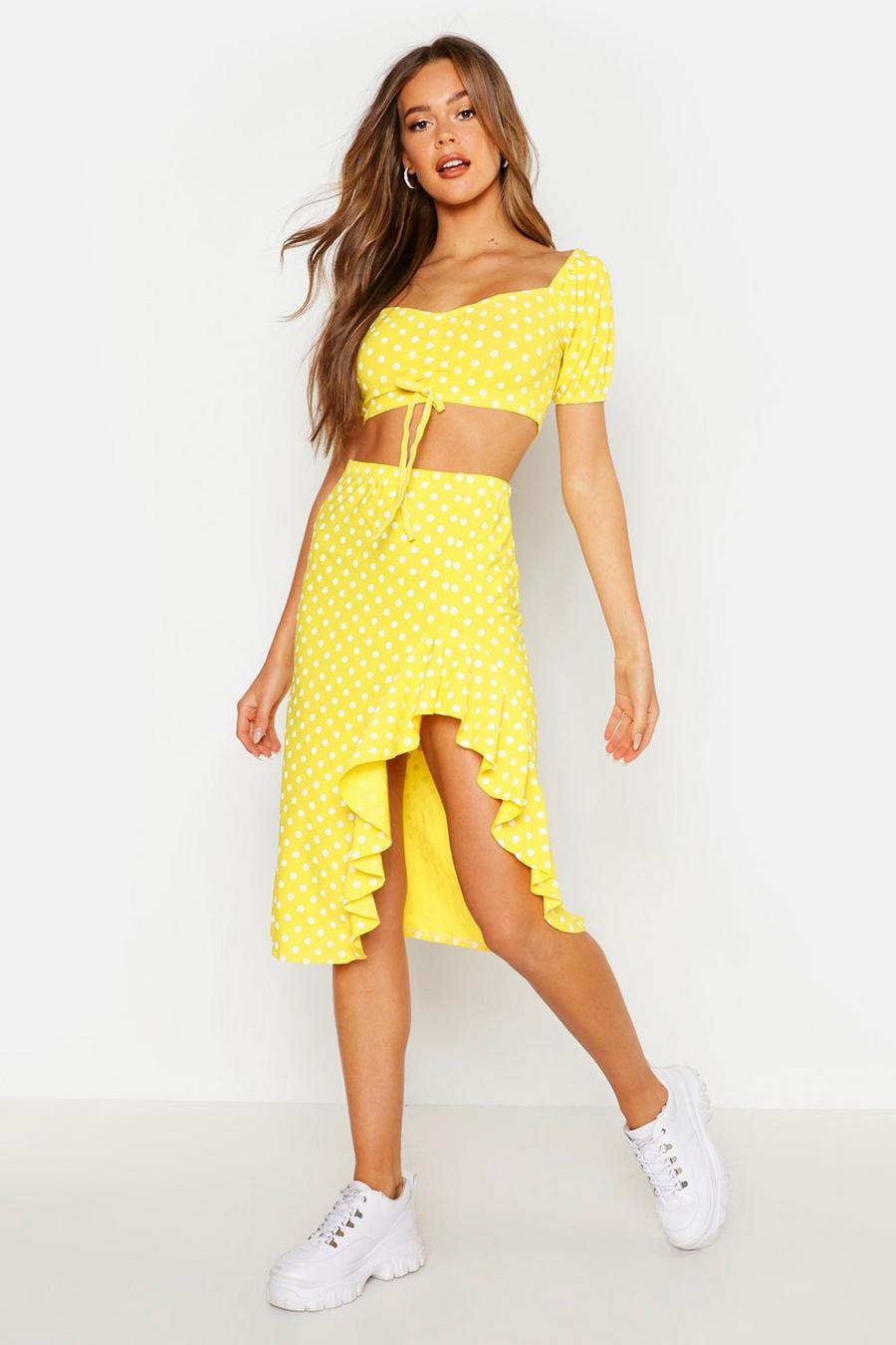Yellow Polka Dot Ruched Top&Ruffle Midi Skirt Co-Ord Set image number 1