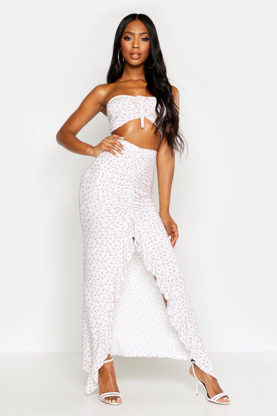 Ditsy Floral Ruched Bardot & Maxi Skirt Co-Ord image number 1