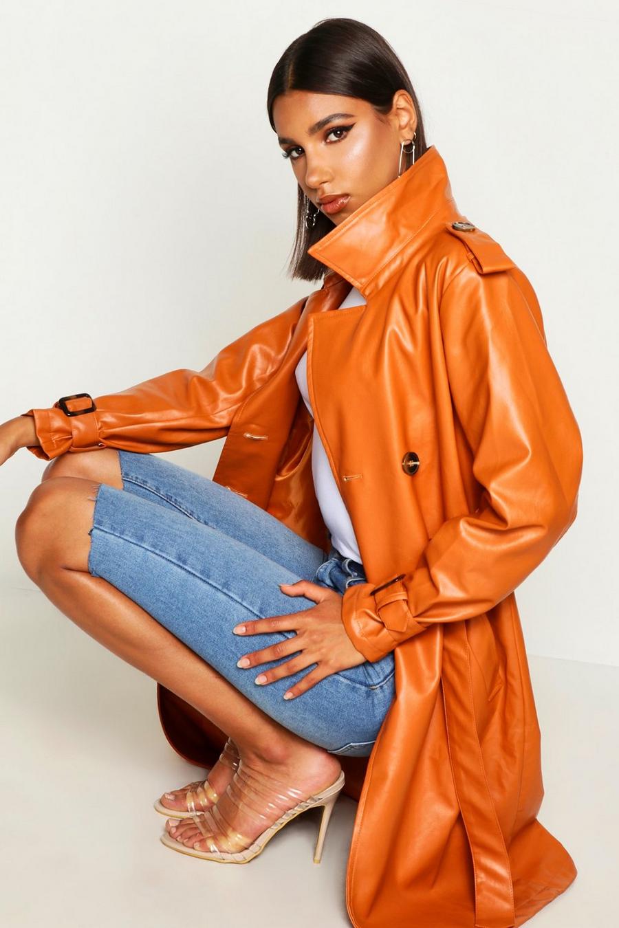 Rust Faux Leather Trench Coat image number 1