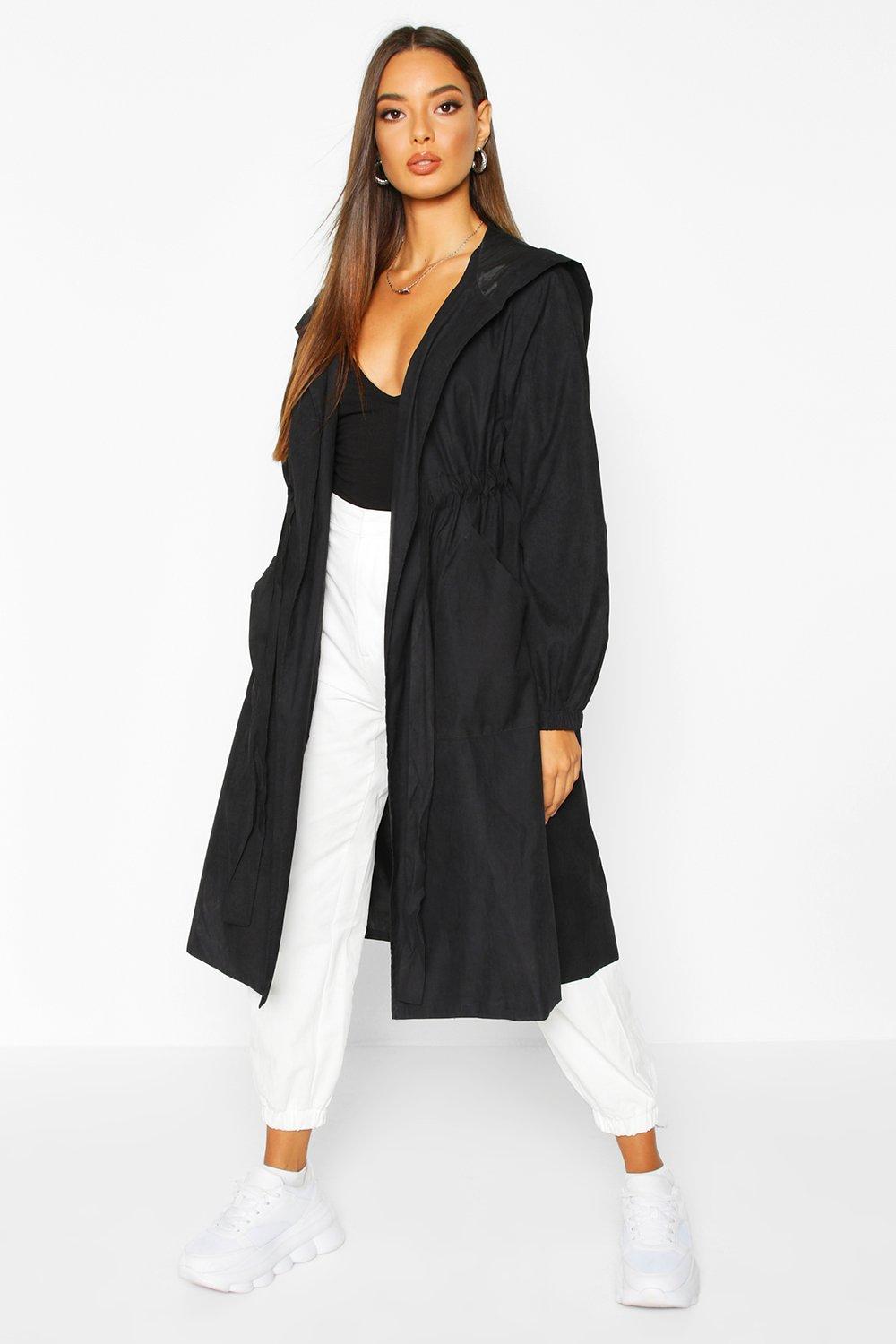 hooded belted trench coat