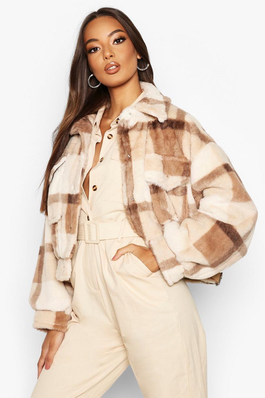 Brown Check Faux Fur Trucker Jacket image number 1