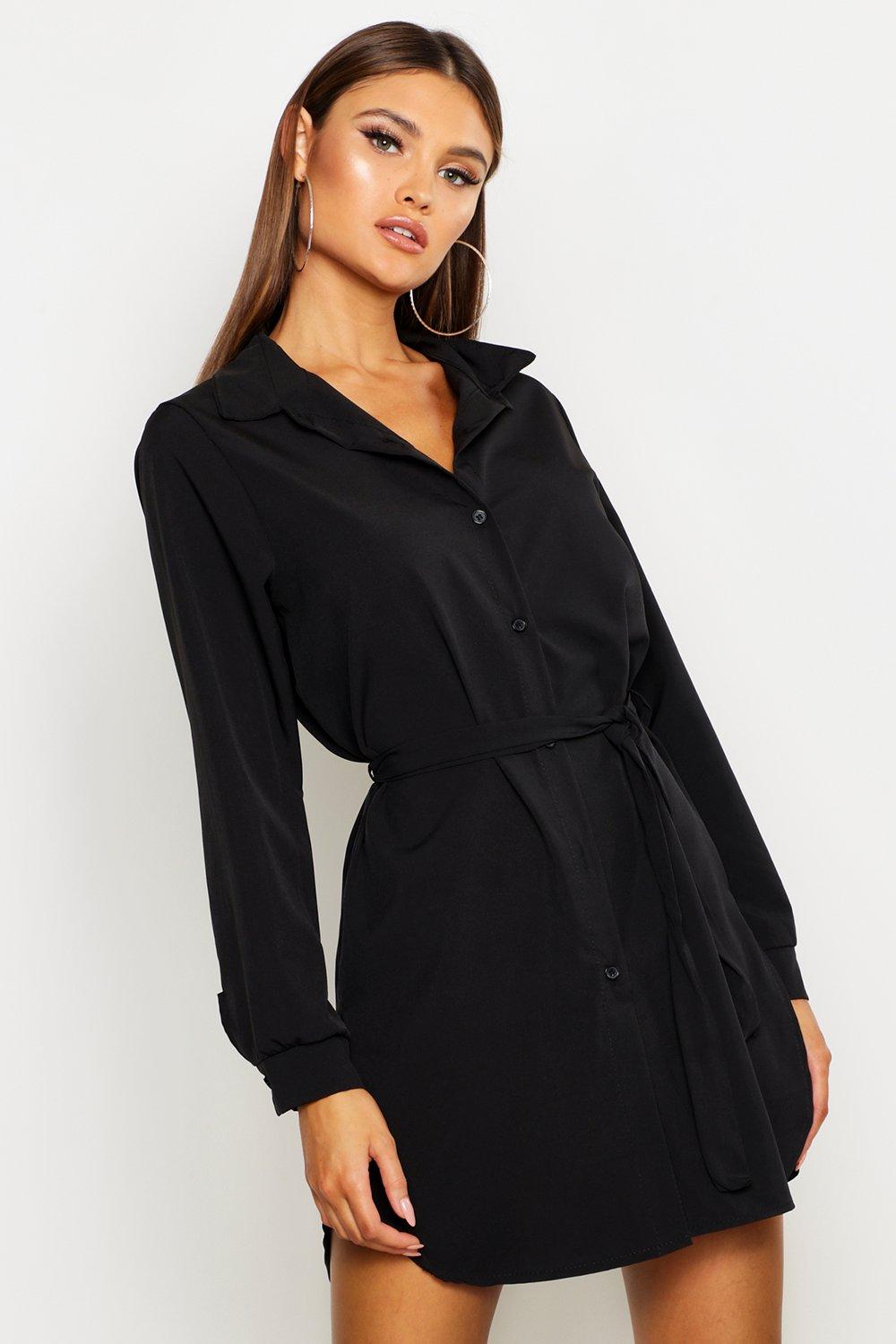 black belted tie shirt dress