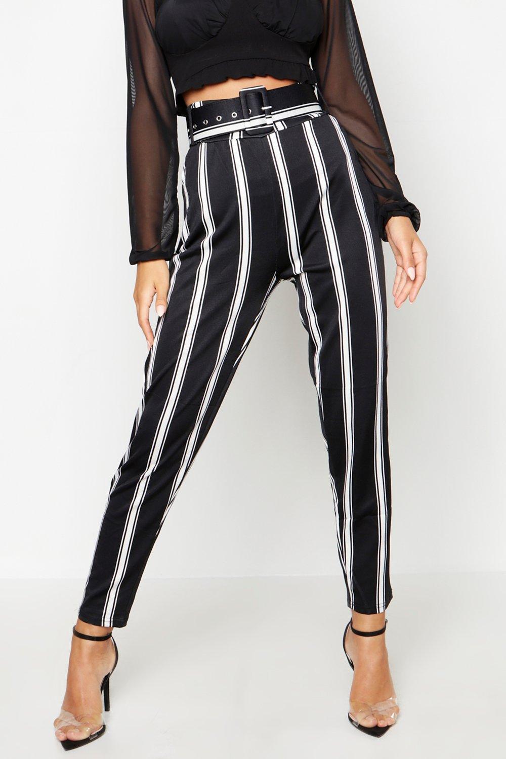 Striped Belted Cinched Waist Peg Trouser