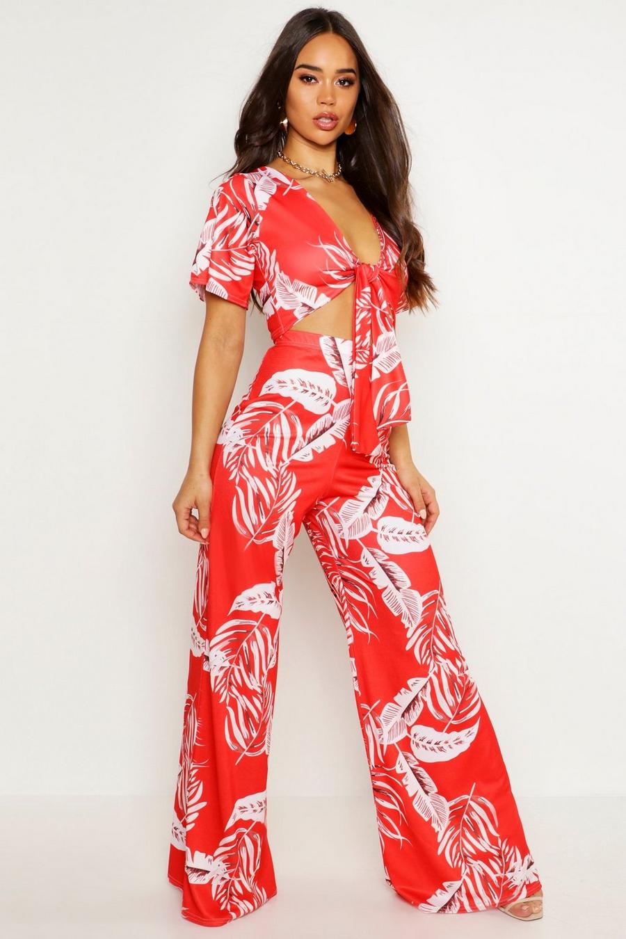 Palm Print Tie Front Top & Pants Co-Ord image number 1