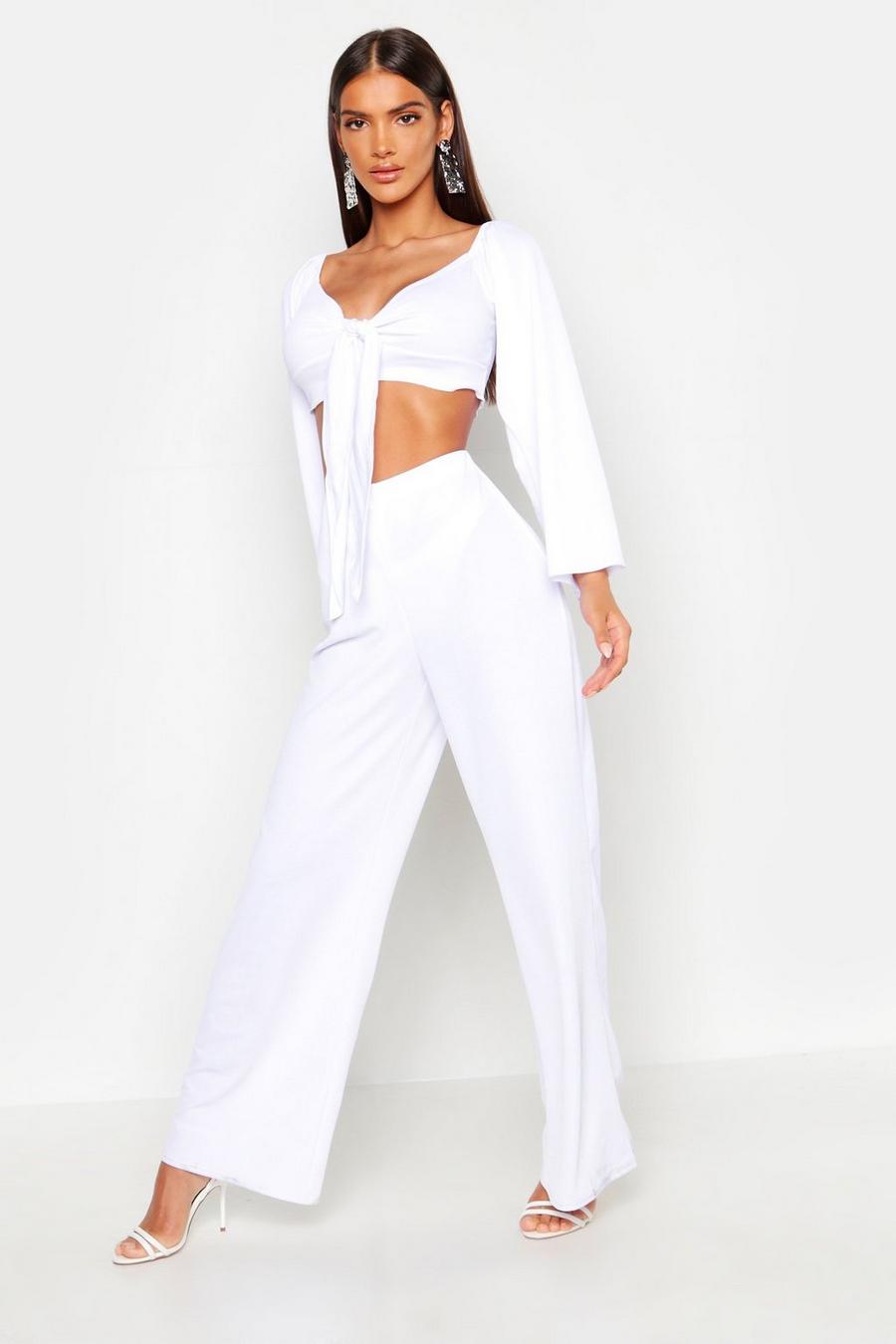 Tie Front Long Sleeve Top & Wide Leg Pants Two-Piece image number 1