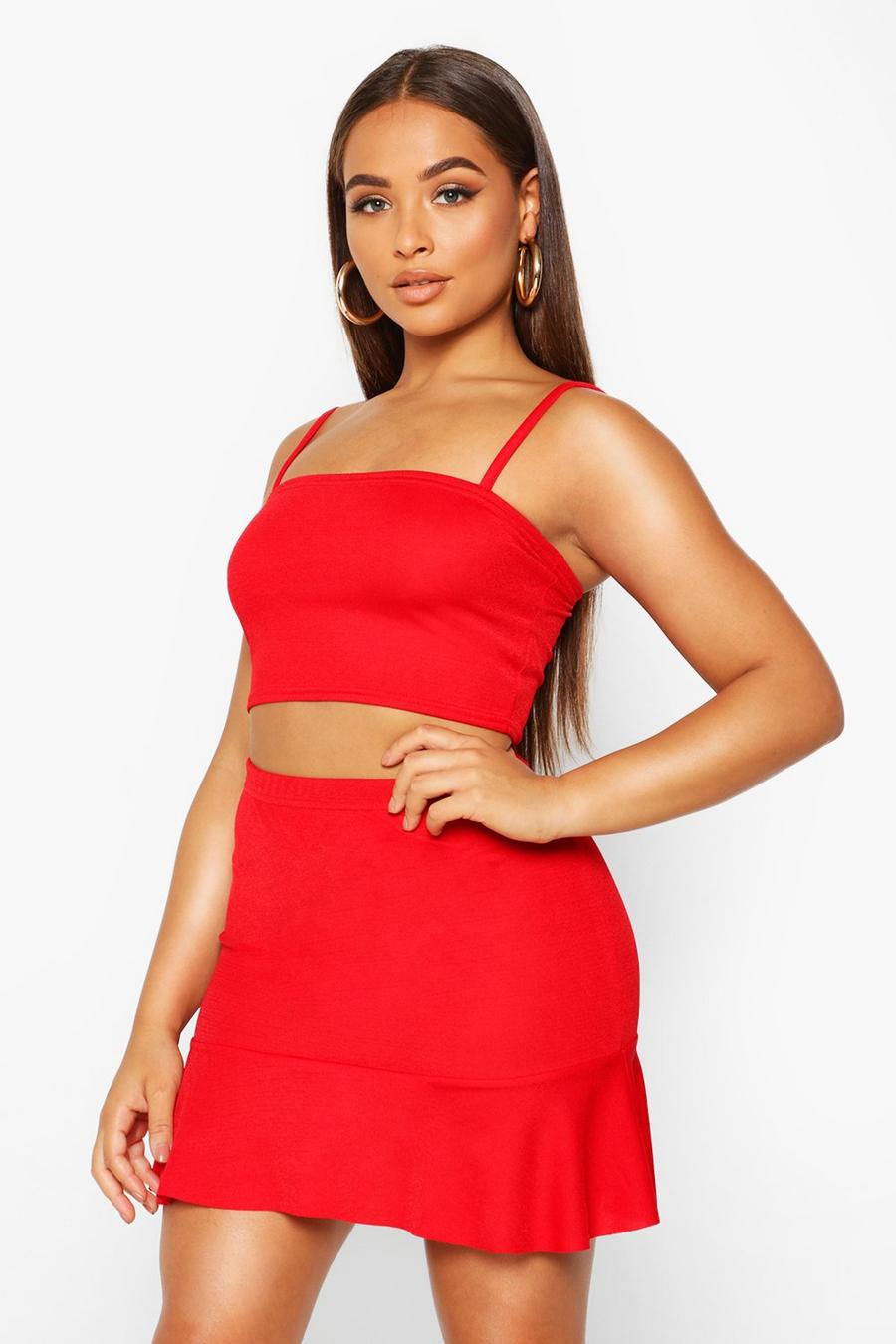 Red Strappy Crop Top and Skater Mini Skirt Co-Ord image number 1