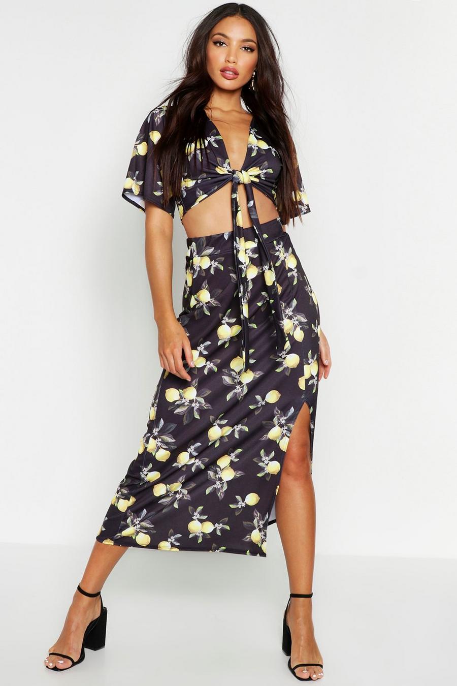 Lemon Print Wrap Top & Split Midaxi Skirt Co-Ord image number 1