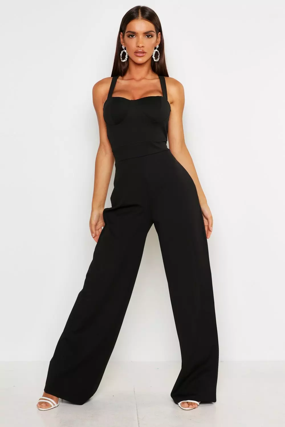 Cross back store wide leg jumpsuit