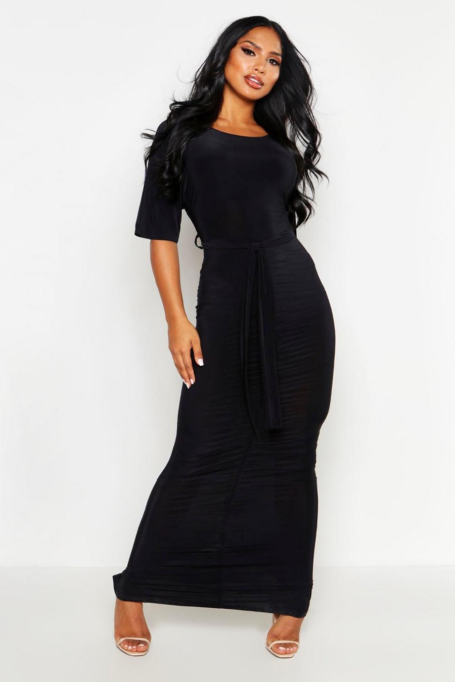 Black Rouche Front Belted Maxi Dress image number 1