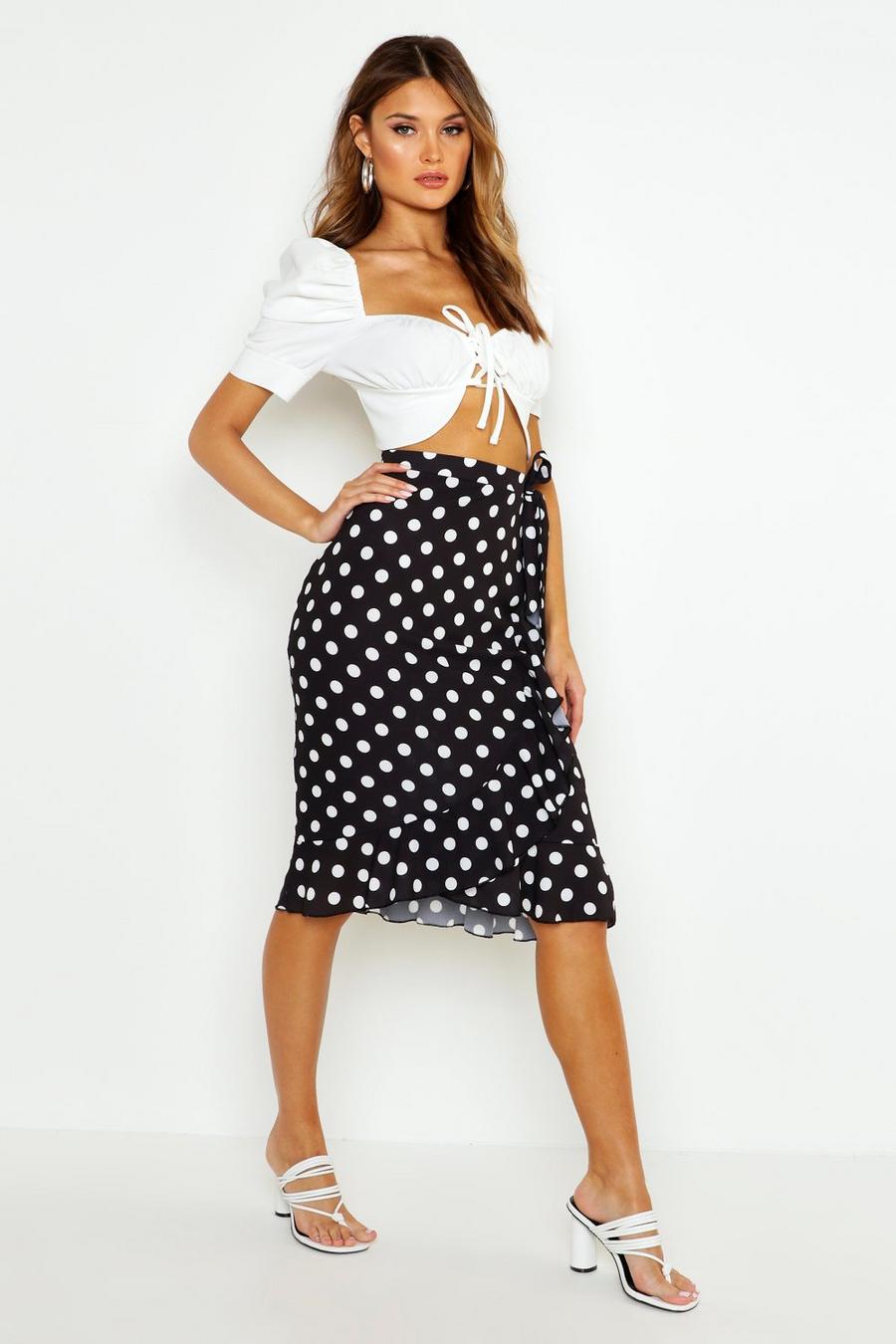 Black Polka Dot Wrap Midi Skirt image number 1