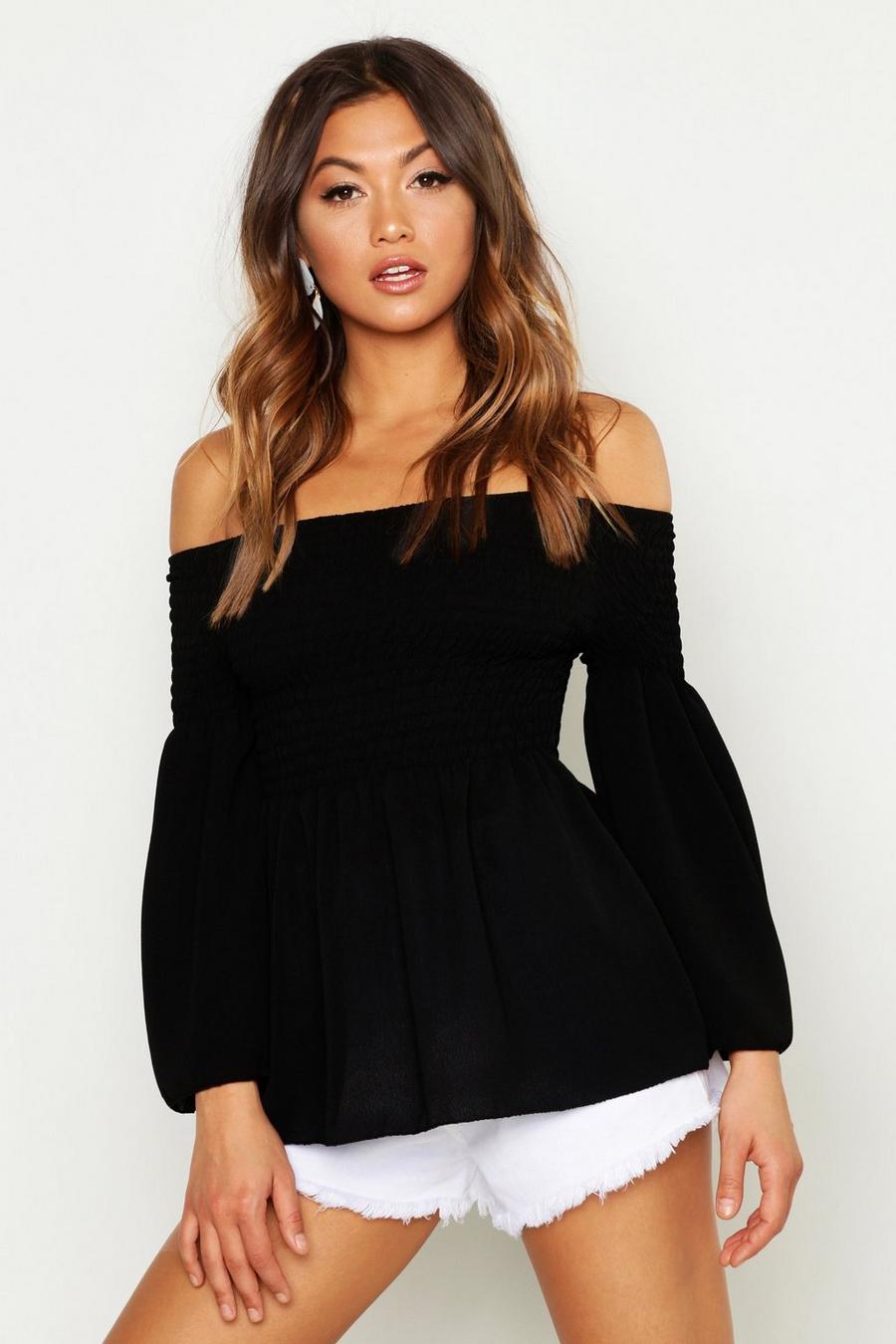 Black Shirred Smock Top Off The Shoulder image number 1