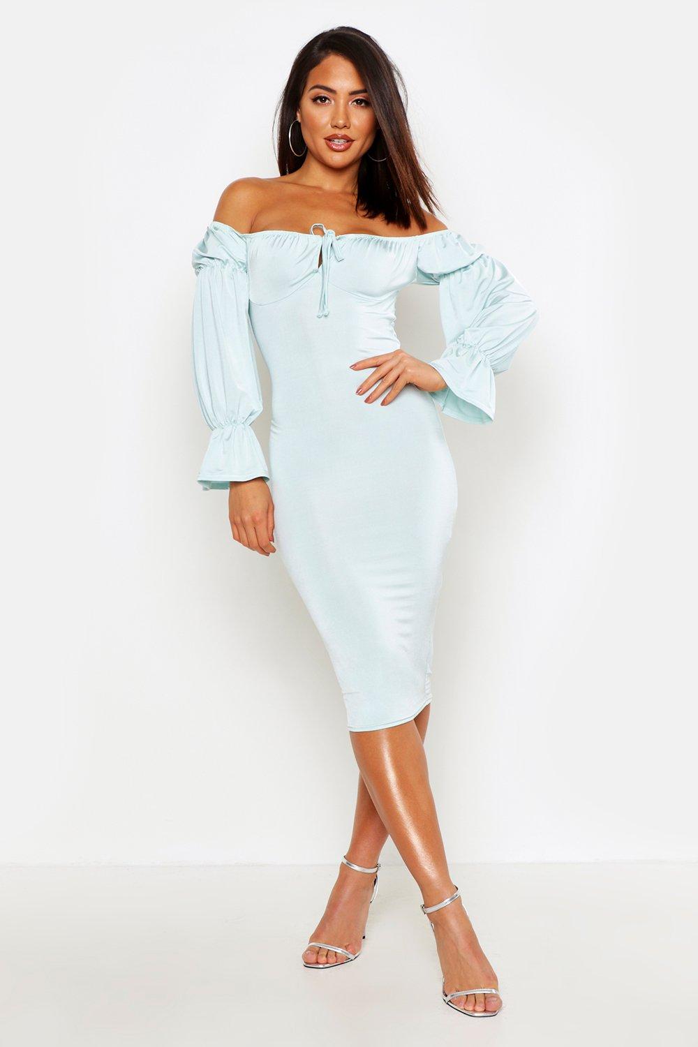 Slinky Long Sleeve Bardot Bodycon Midi Dress