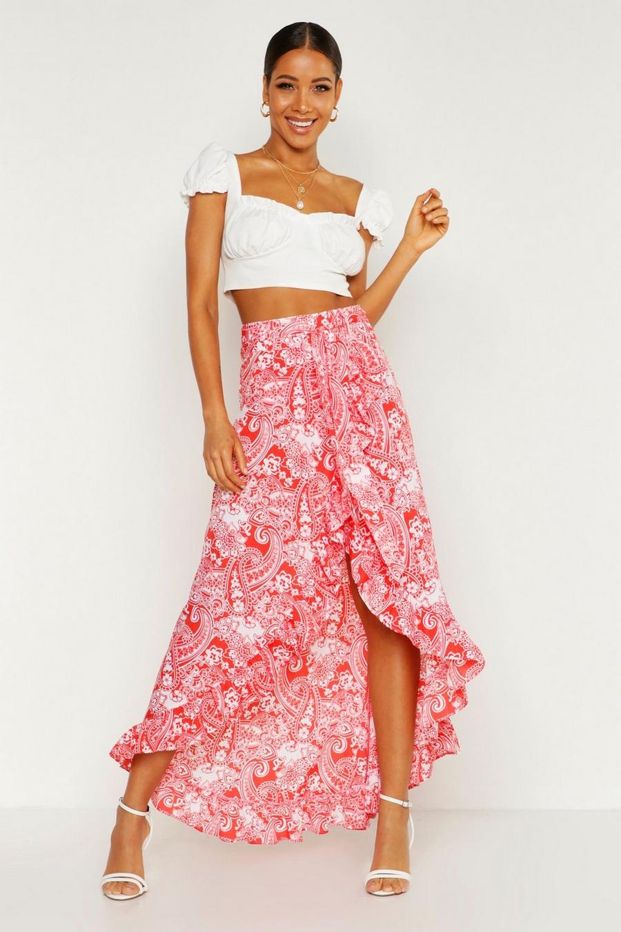 Rood Boho Paisley Maxi Wikkel Rok Met Ruches image number 1