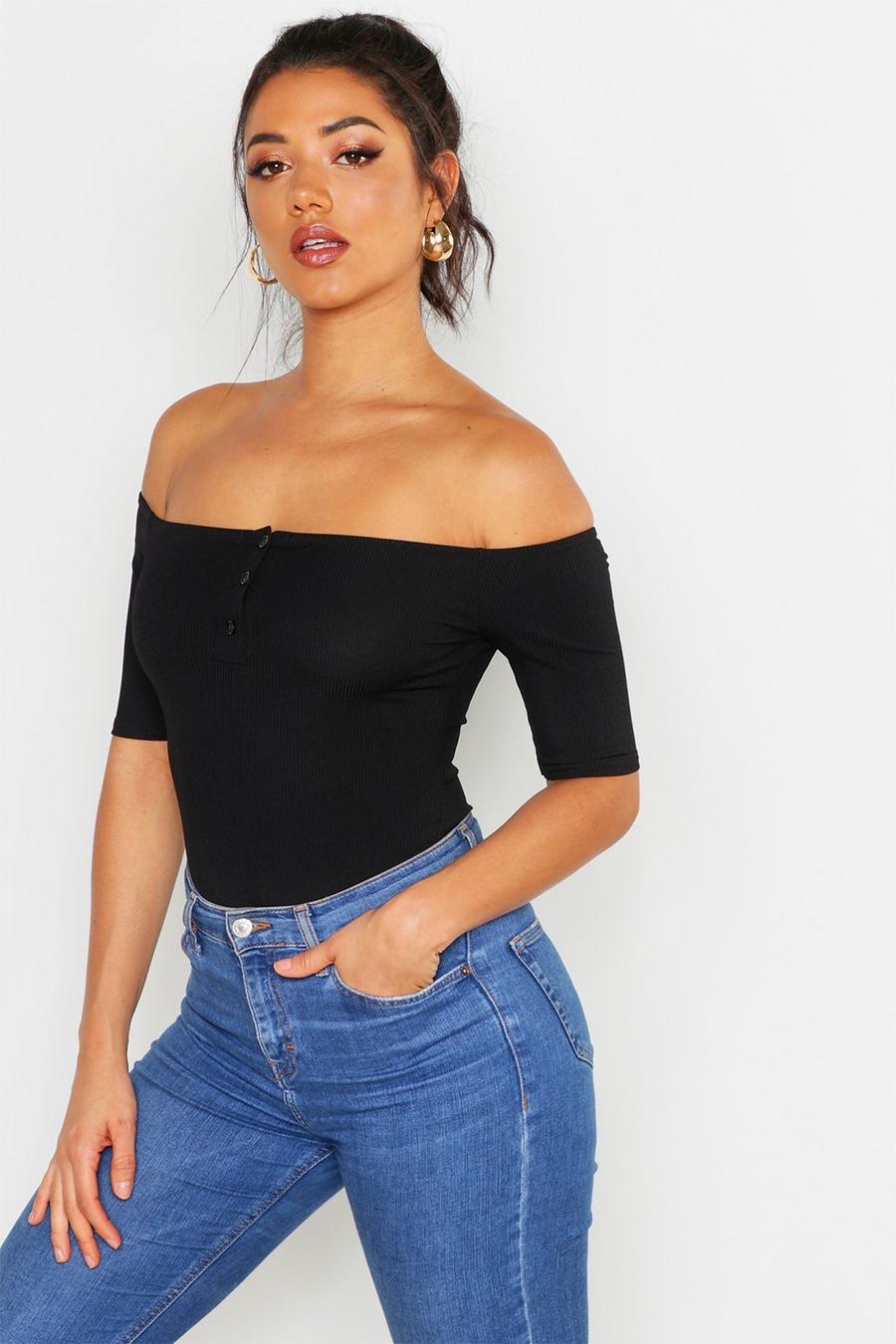 Off The Shoulder Short Sleeve Button Up Knitted Rib Bodysuit image number 1
