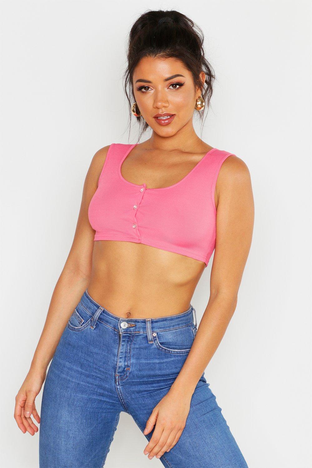 Rib Knit Button Through Micro Crop Top boohoo