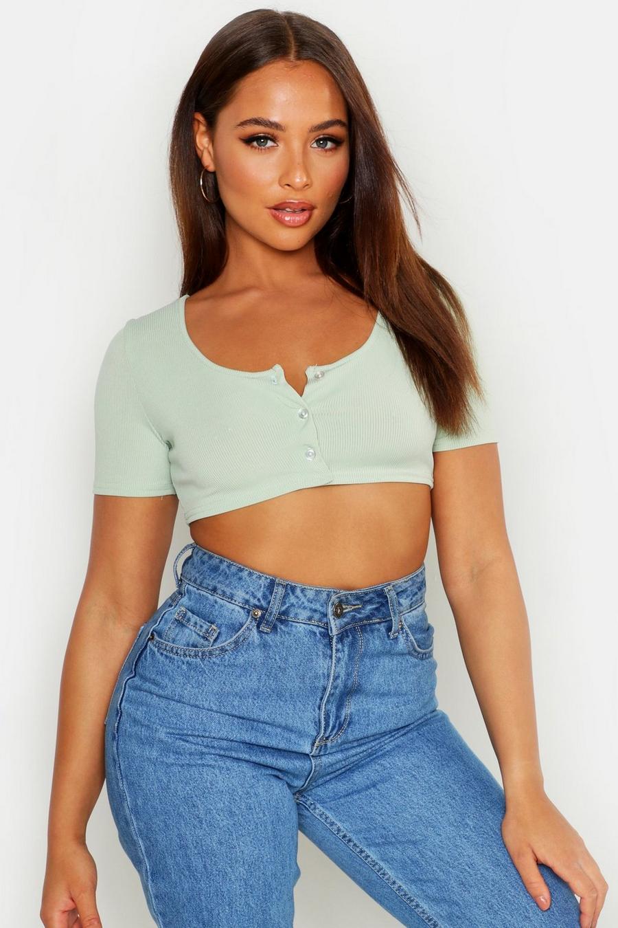Rib Knit Button Through Short Sleeve Crop Top image number 1