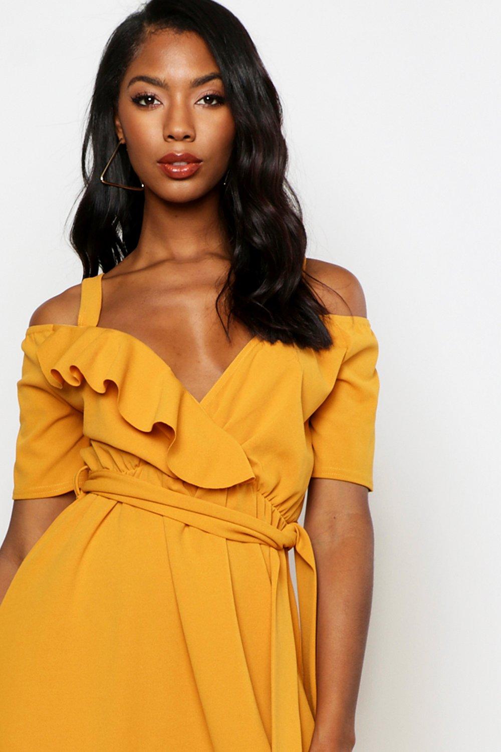 Cold Shoulder Ruffle Belted Midi Dress