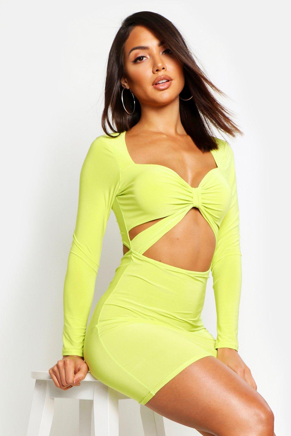 Neon tie front store bodycon dress