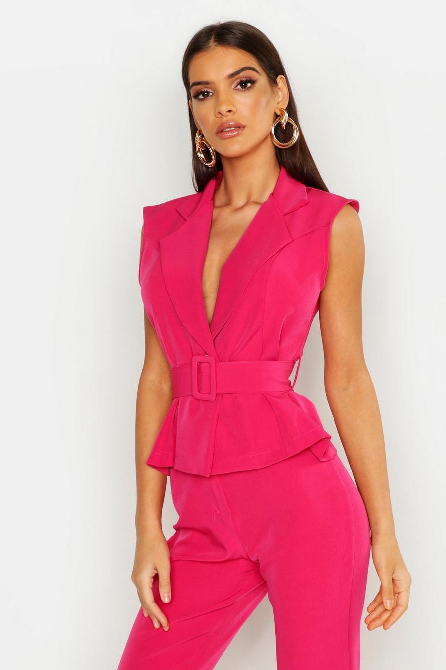 Hot pink Sleeveless Belted Blazer image number 1