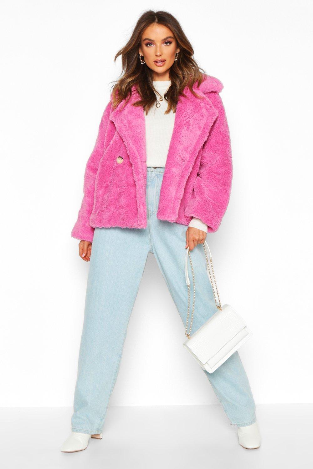 boohoo pink faux fur coat