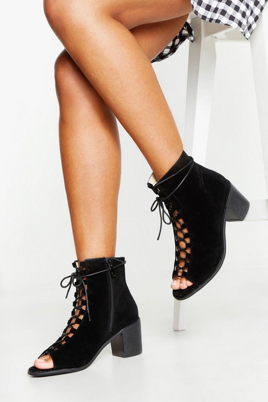 Black Lace Up Peep Toe Block Heel Shoe Boots image number 1