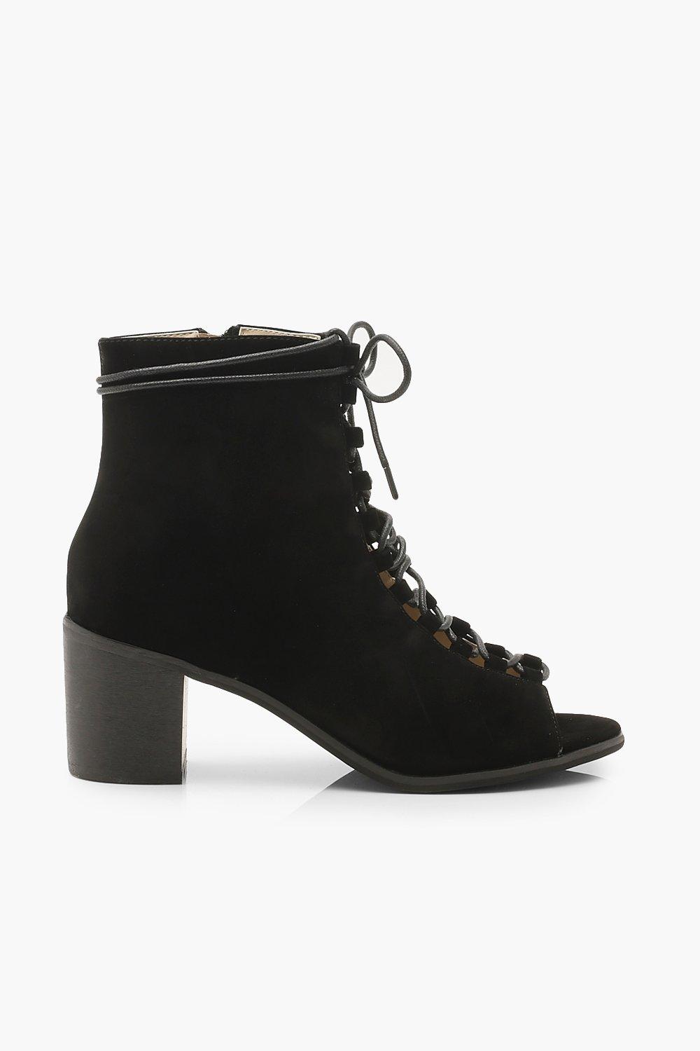 Lace up block clearance heel boots open toe