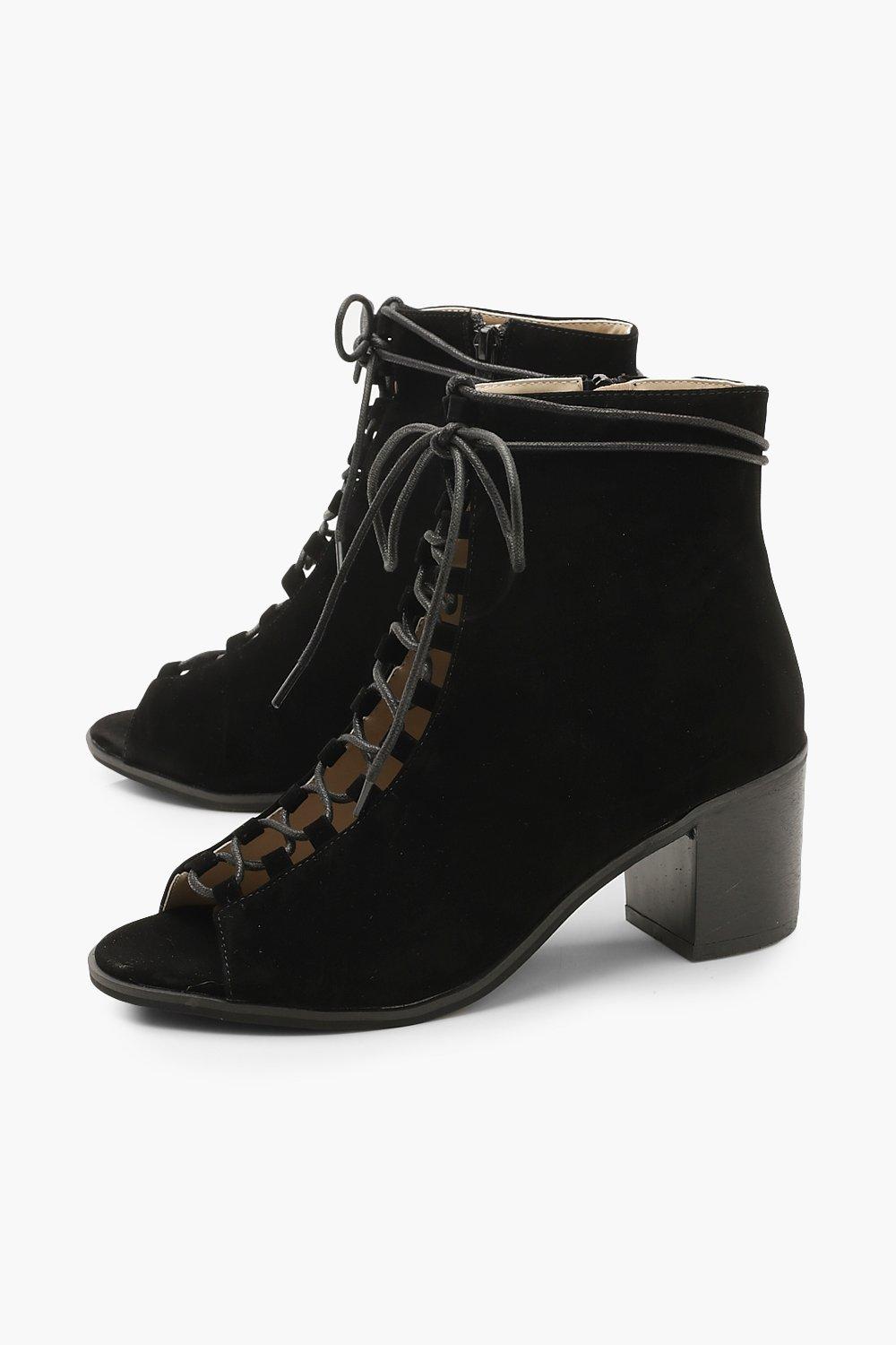 Black lace up store open toe booties