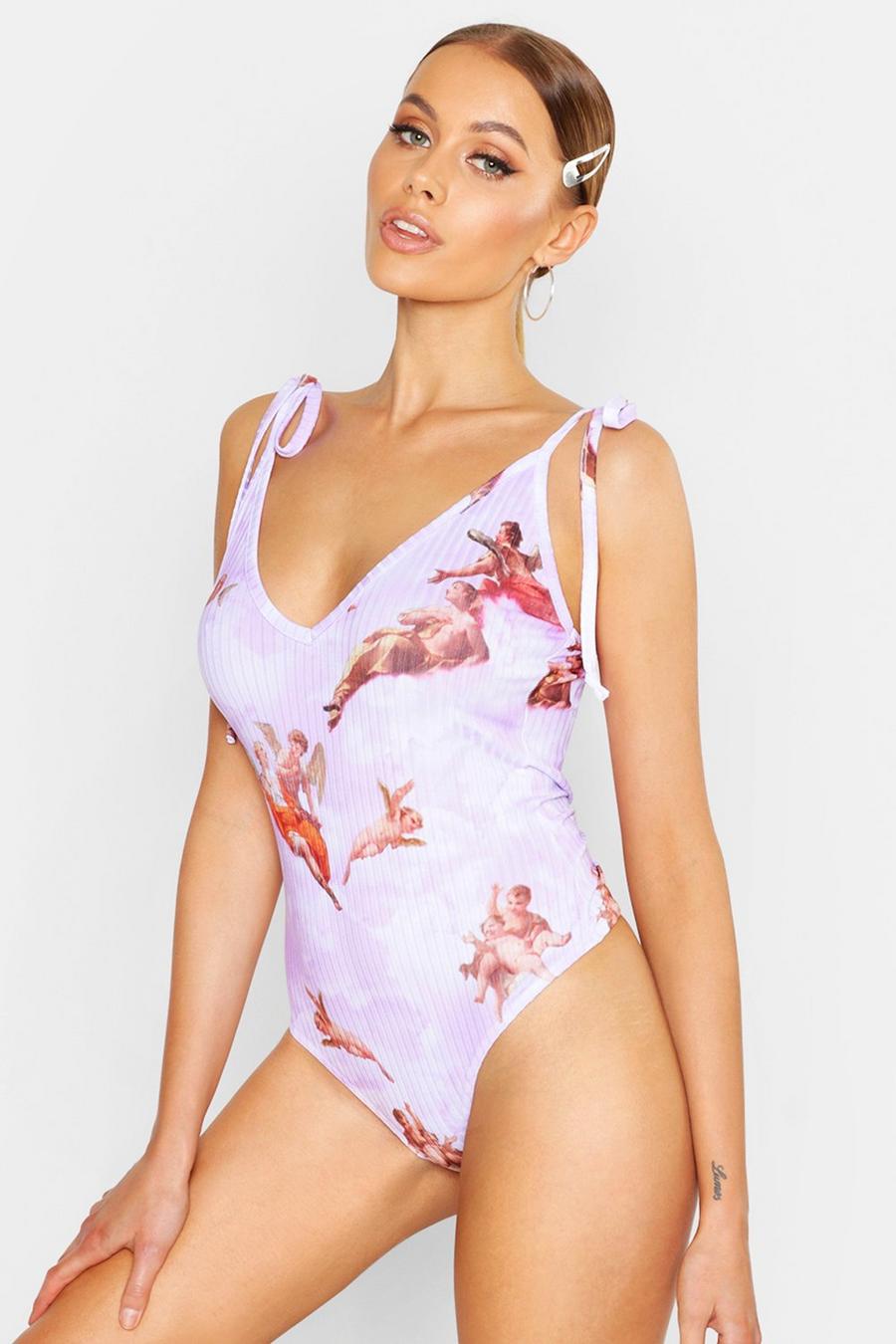 Lilac Rib Cherub Print Tie Shoulder Bodysuit image number 1