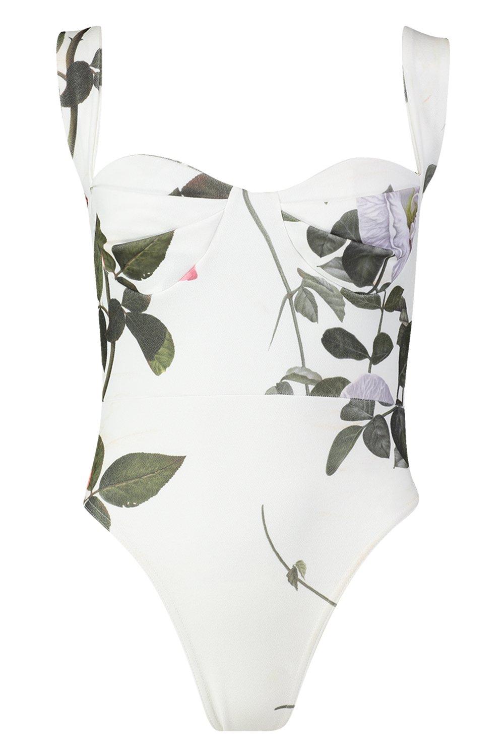 Floral Cupped Detail Ribbed Bodysuit White –