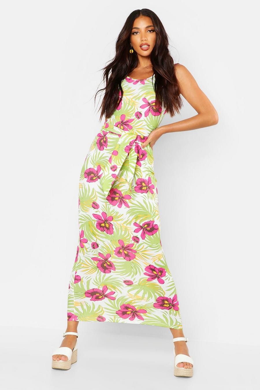 Vestido maxi con espalda redonda y palmeras florales image number 1