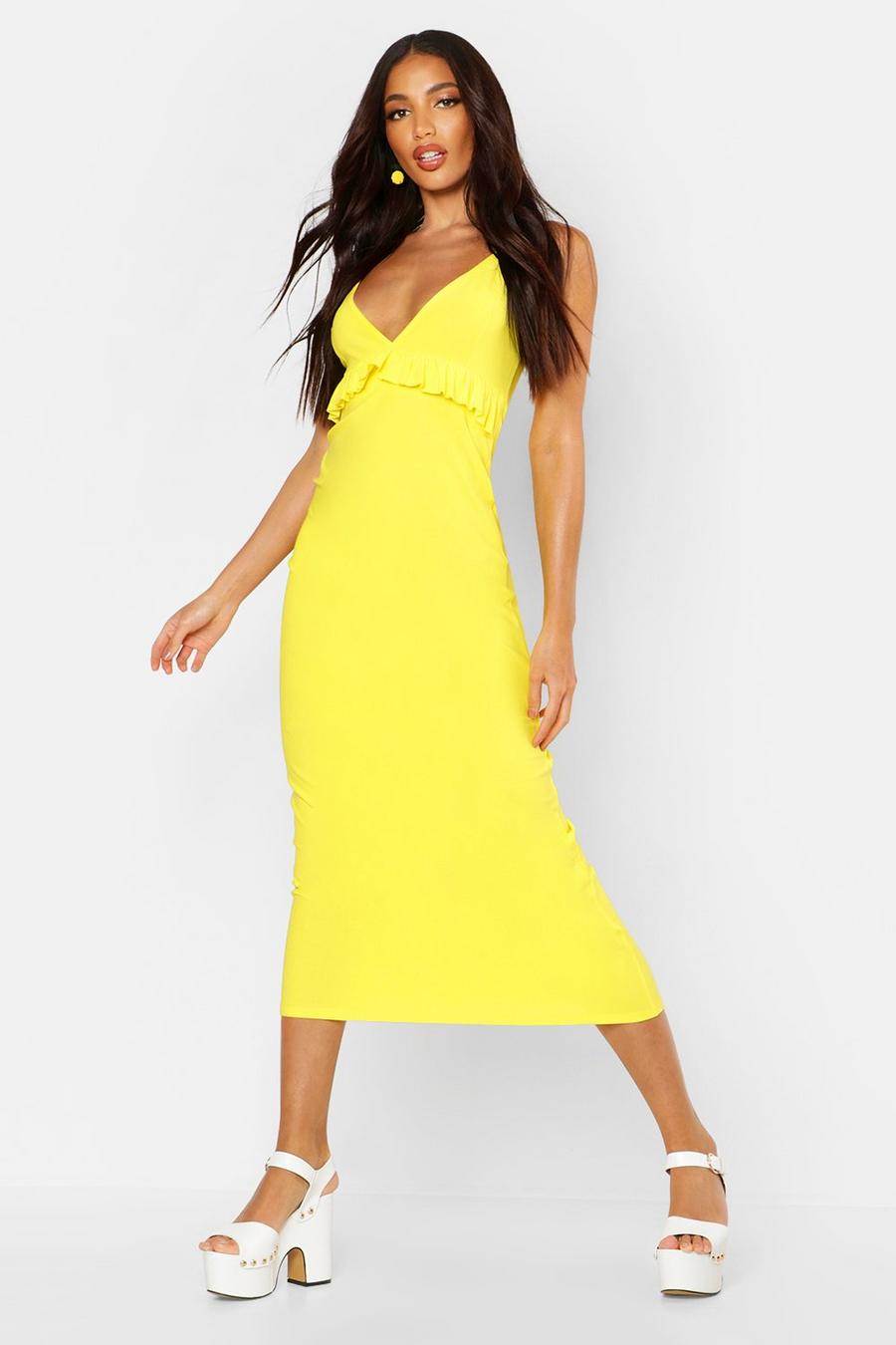 Yellow Basic Jersey V Neck Ruffle Maxi Dress image number 1