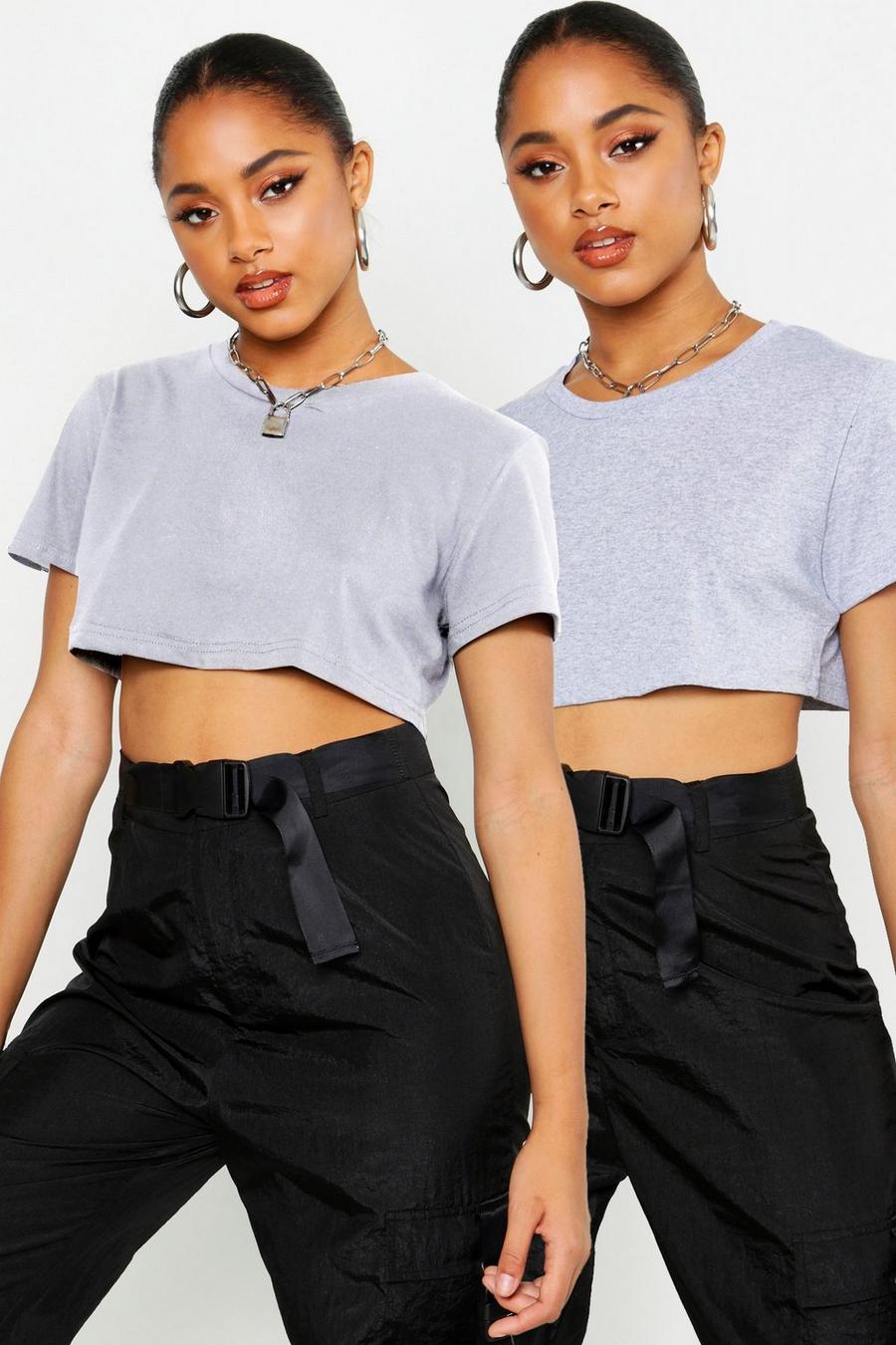 Grijs gemêleerd Crop Top Met Ronde Hals (2 Stuks) image number 1