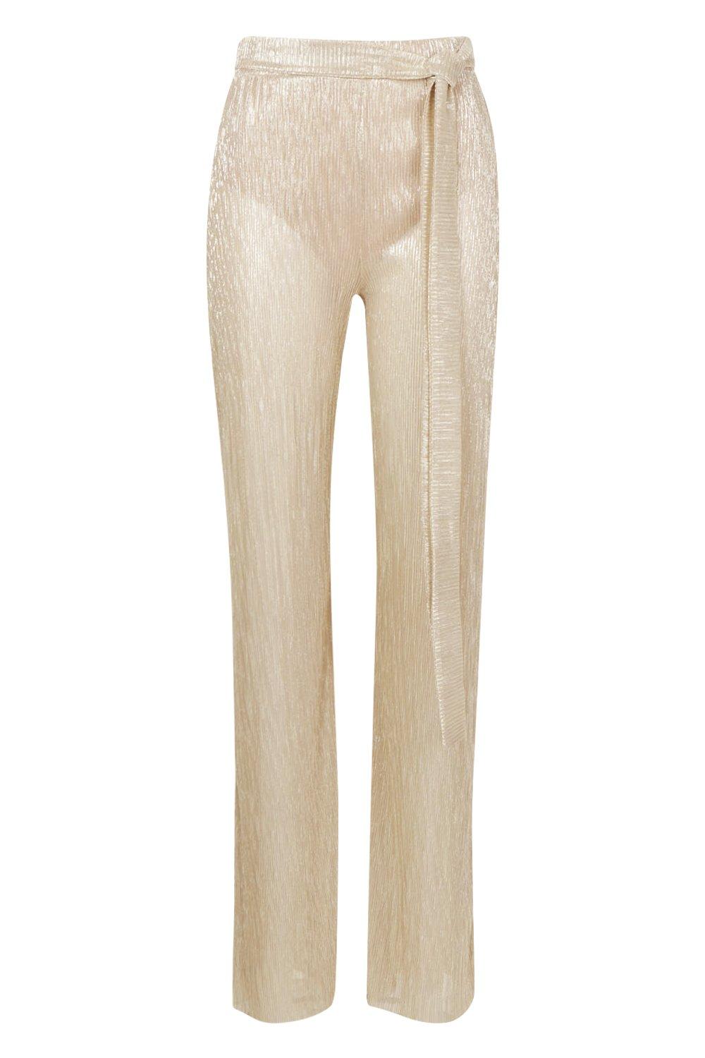 Gold Metallic Tie Waist Wide Leg Pants