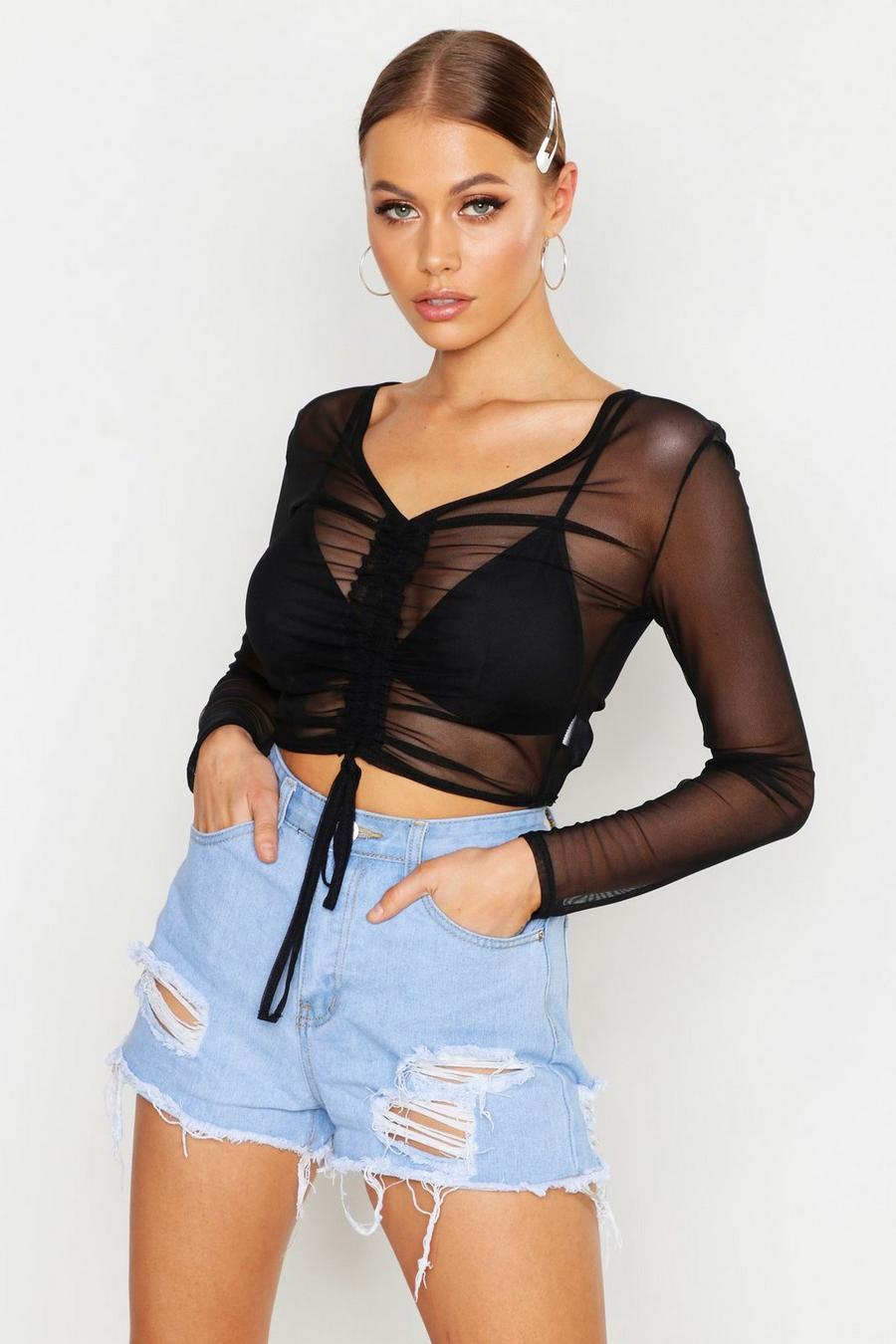 Black Ruched Front Long Sleeve Mesh Crop Top image number 1