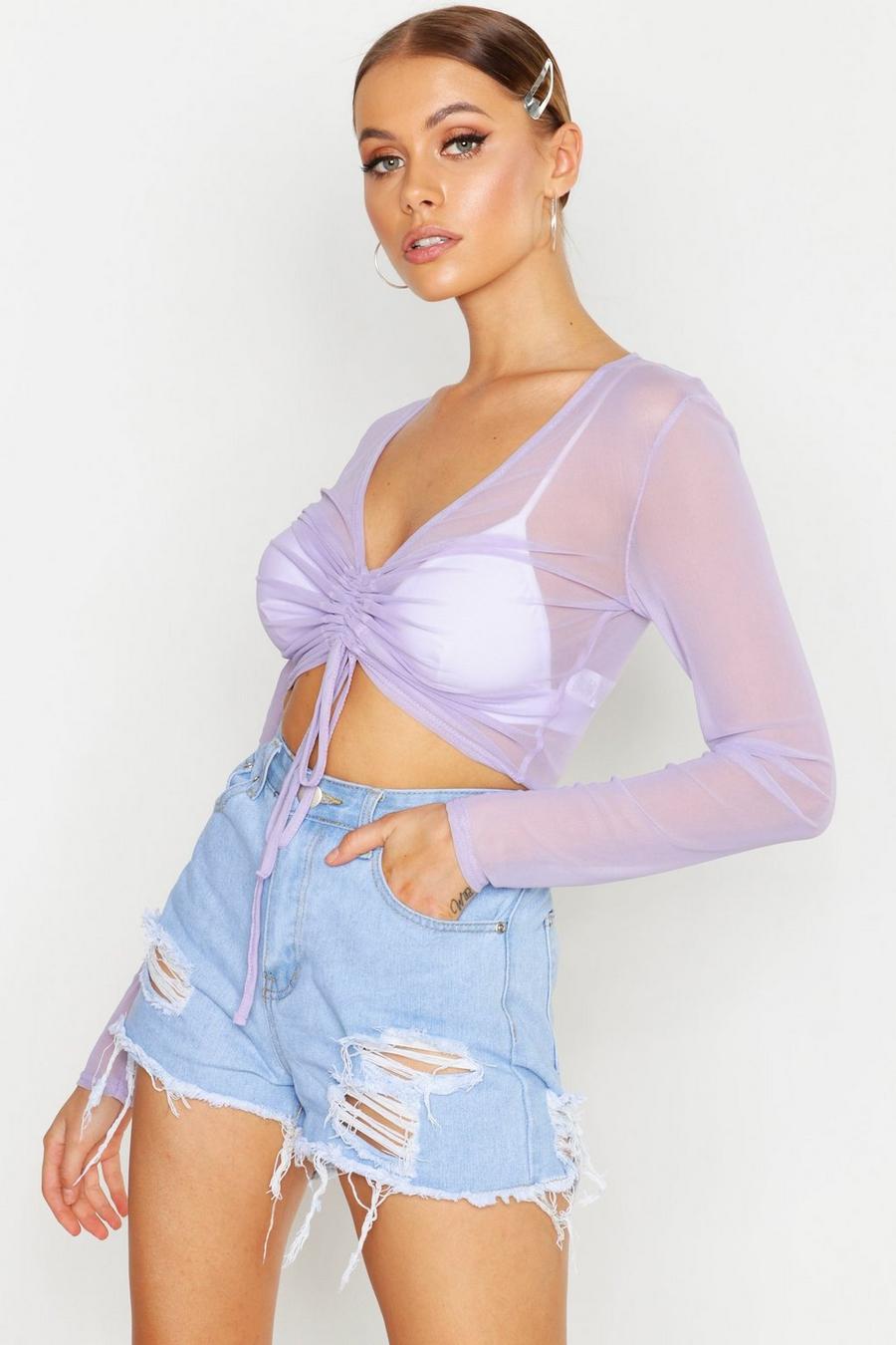 Lilac Ruched Front Long Sleeve Mesh Crop Top image number 1