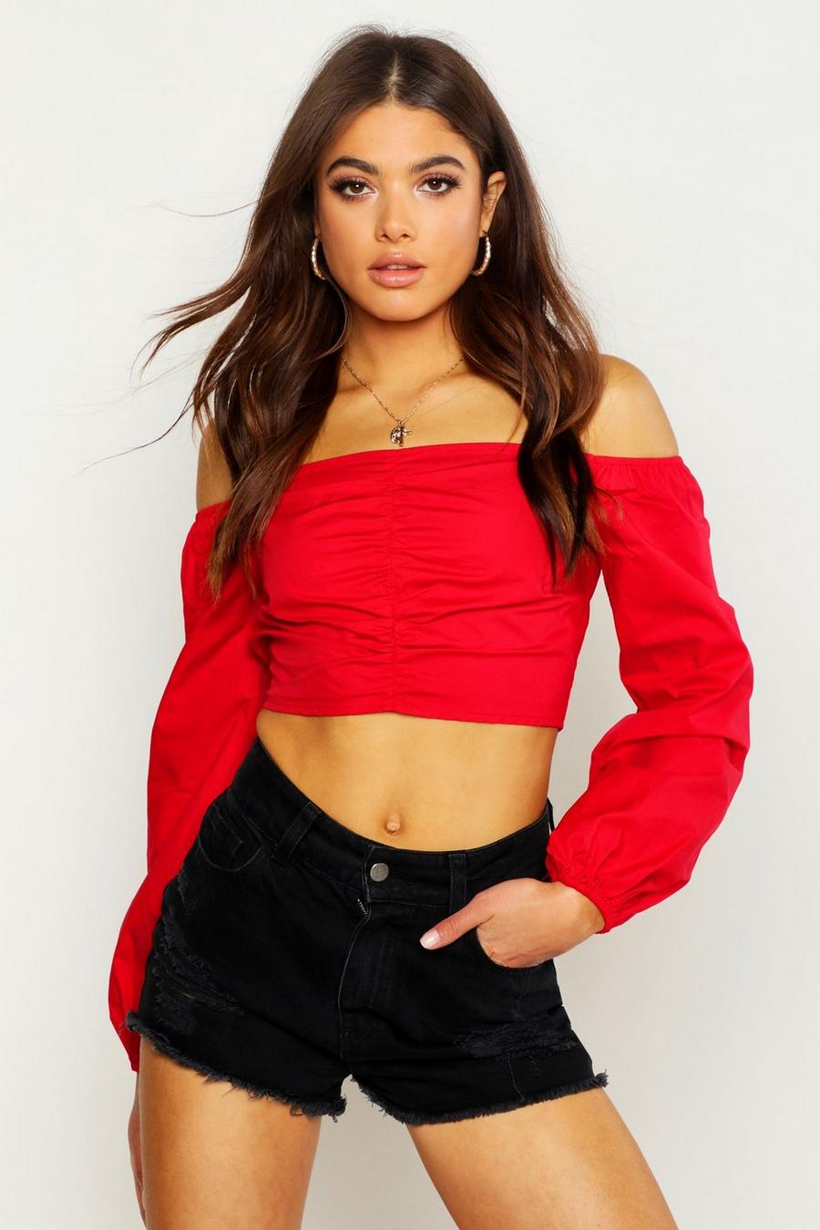 Ruched Balloon Sleeve Crop image number 1