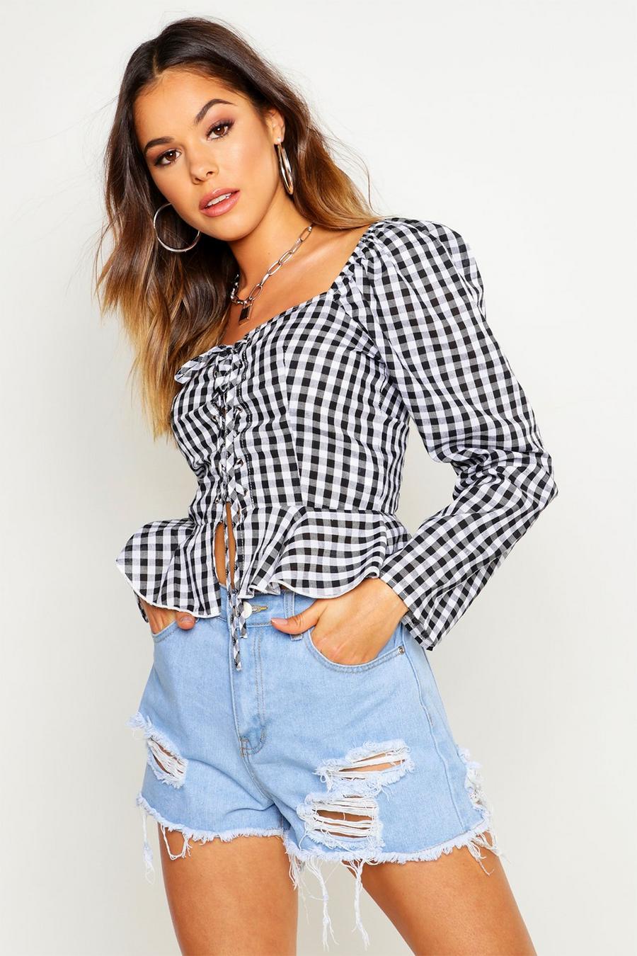 Black Lace Up Gingham Peasant Top image number 1