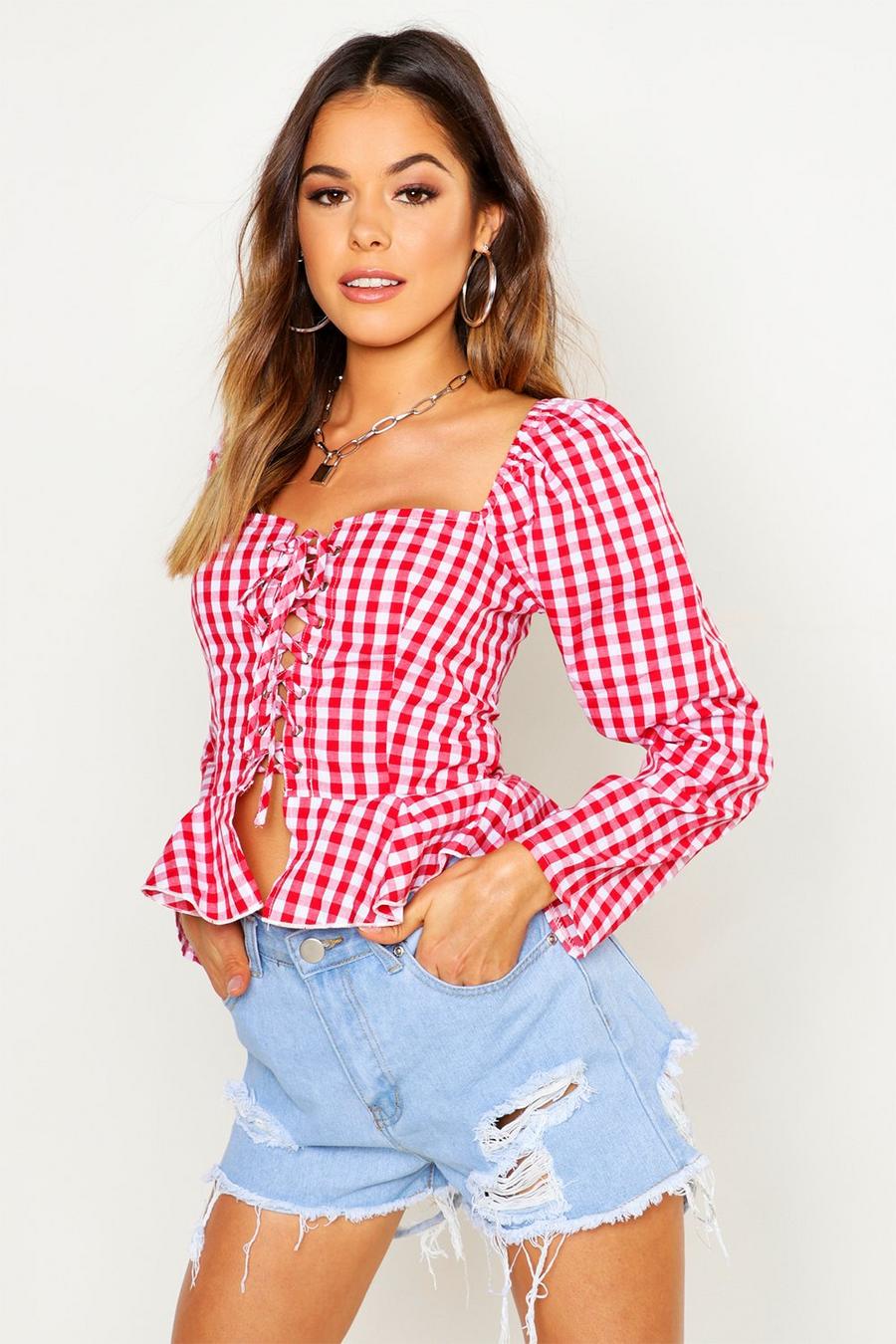 Red Lace Up Gingham Peasant Top image number 1