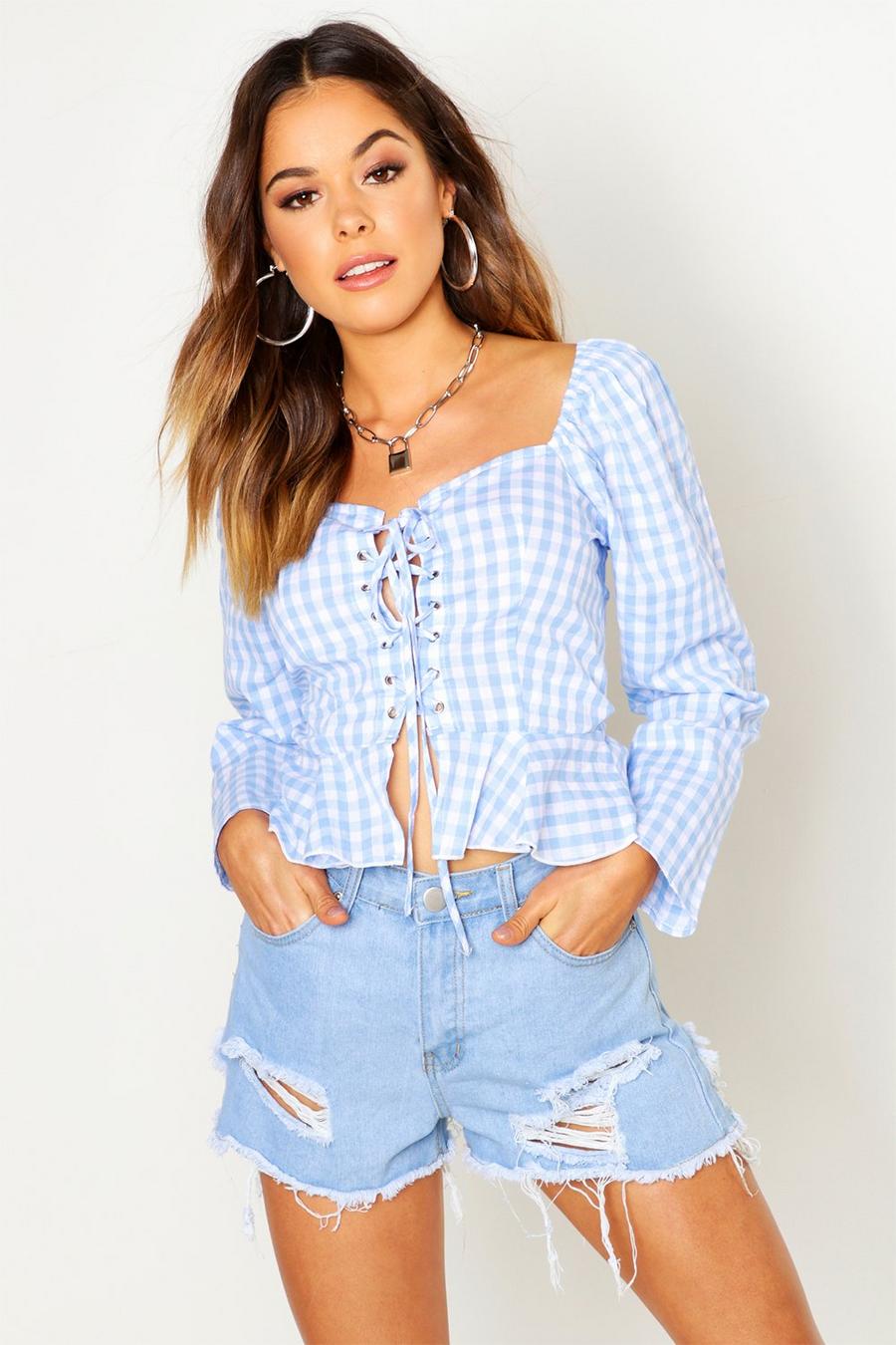 Sky Lace Up Gingham Peasant Top image number 1