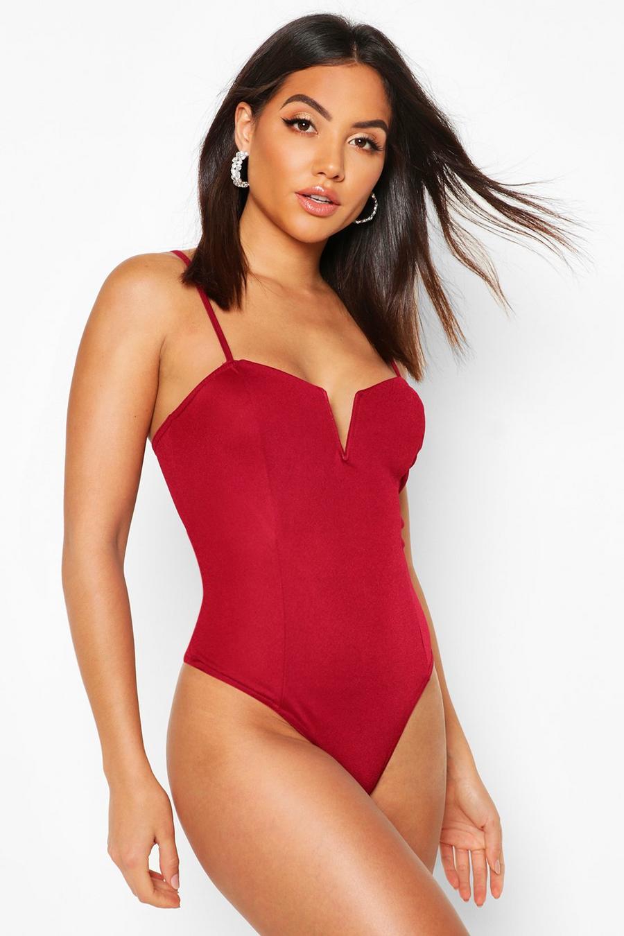 Berry Crepe Plunge Front Bodysuit image number 1