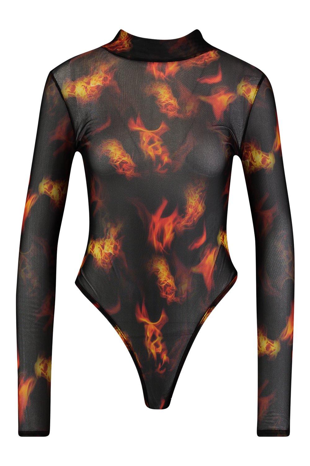 Flames Mesh Long Sleeve Bodysuit