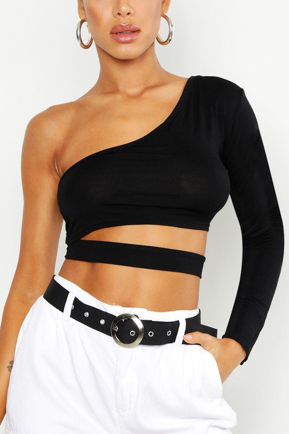 Black one shoulder long sleeve clearance top