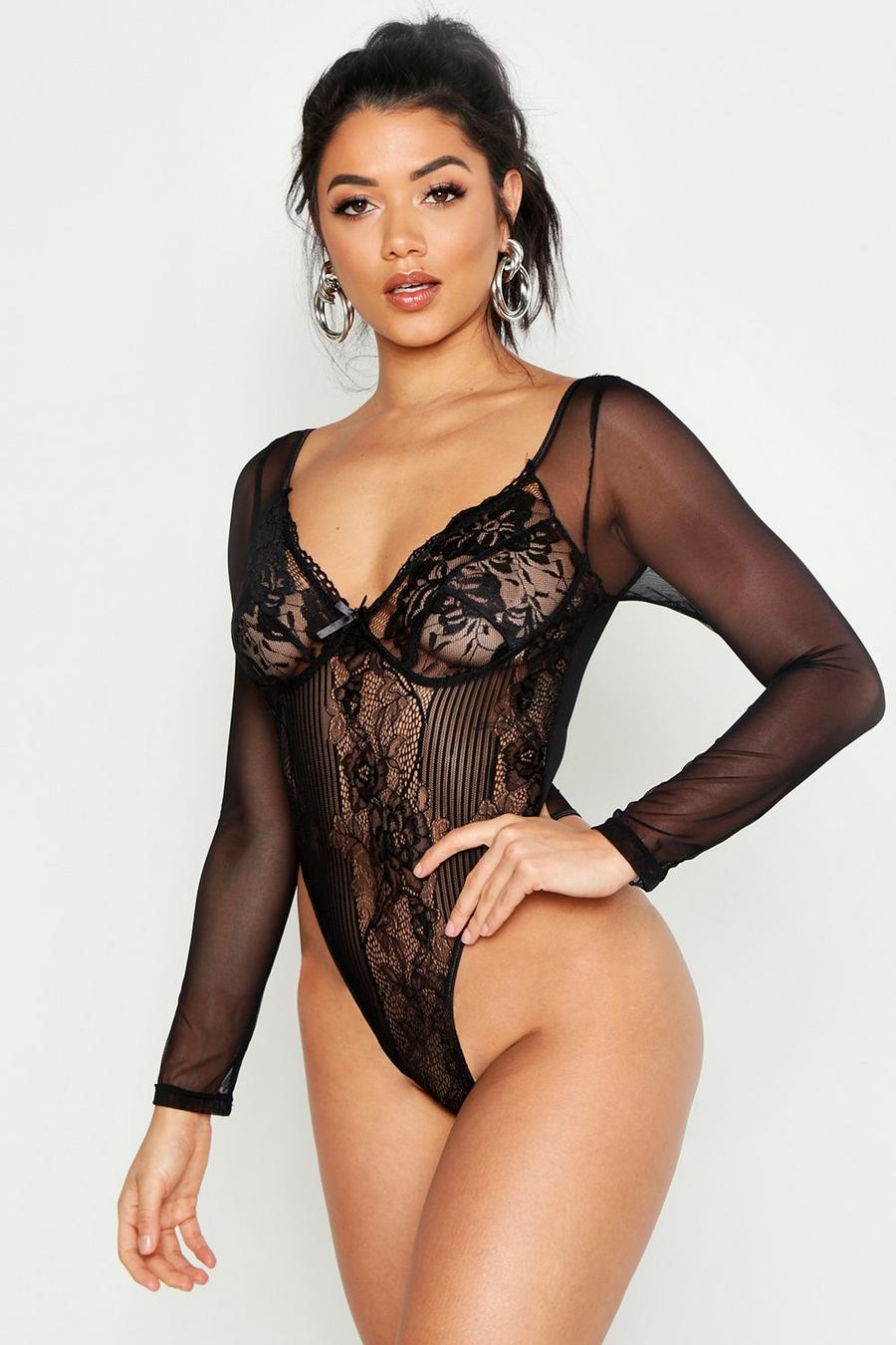 Lace Bodysuit With Mesh Sleeves image number 1