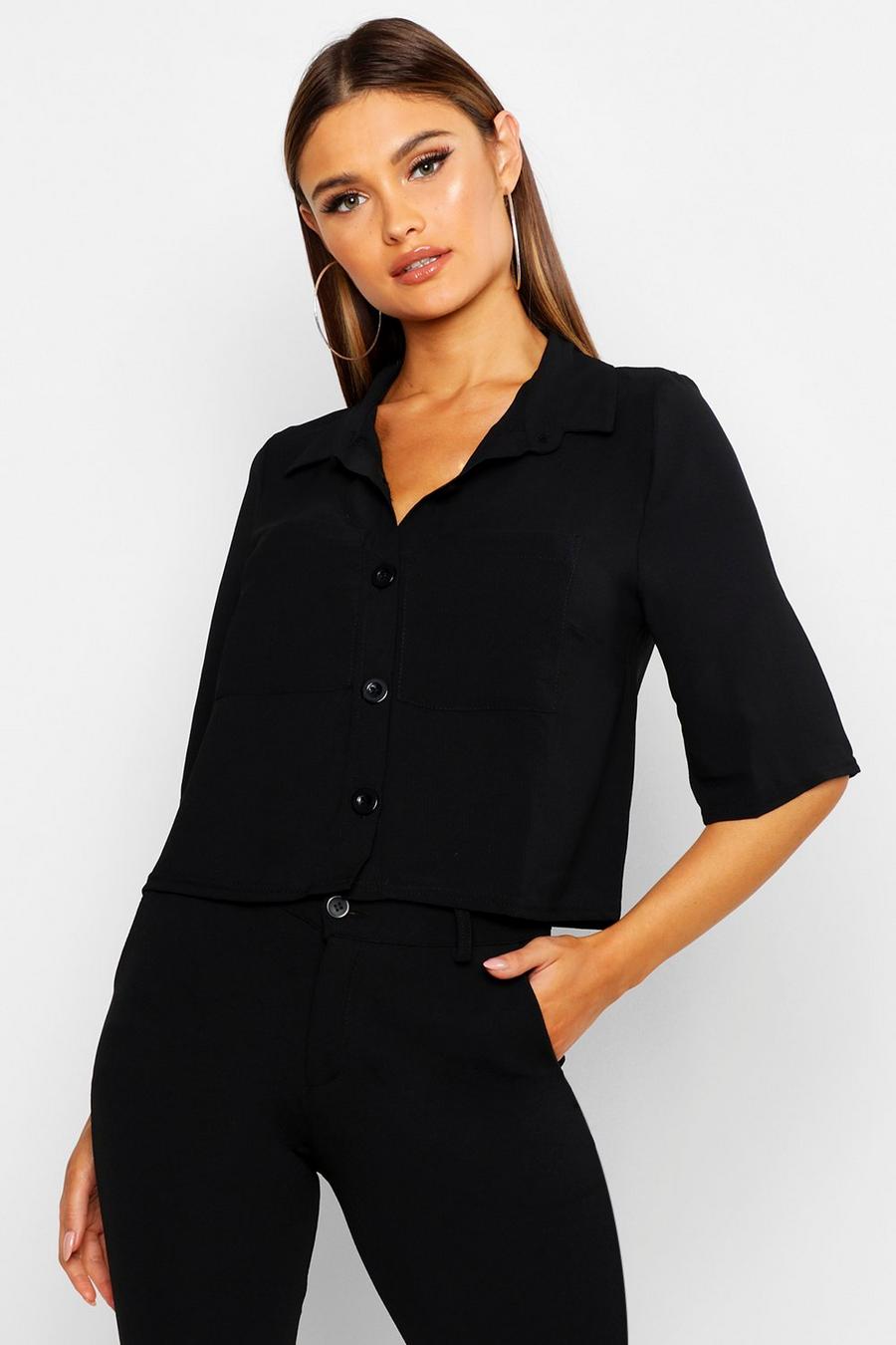 Black Button Down Pocket Front Boxy Blouse image number 1